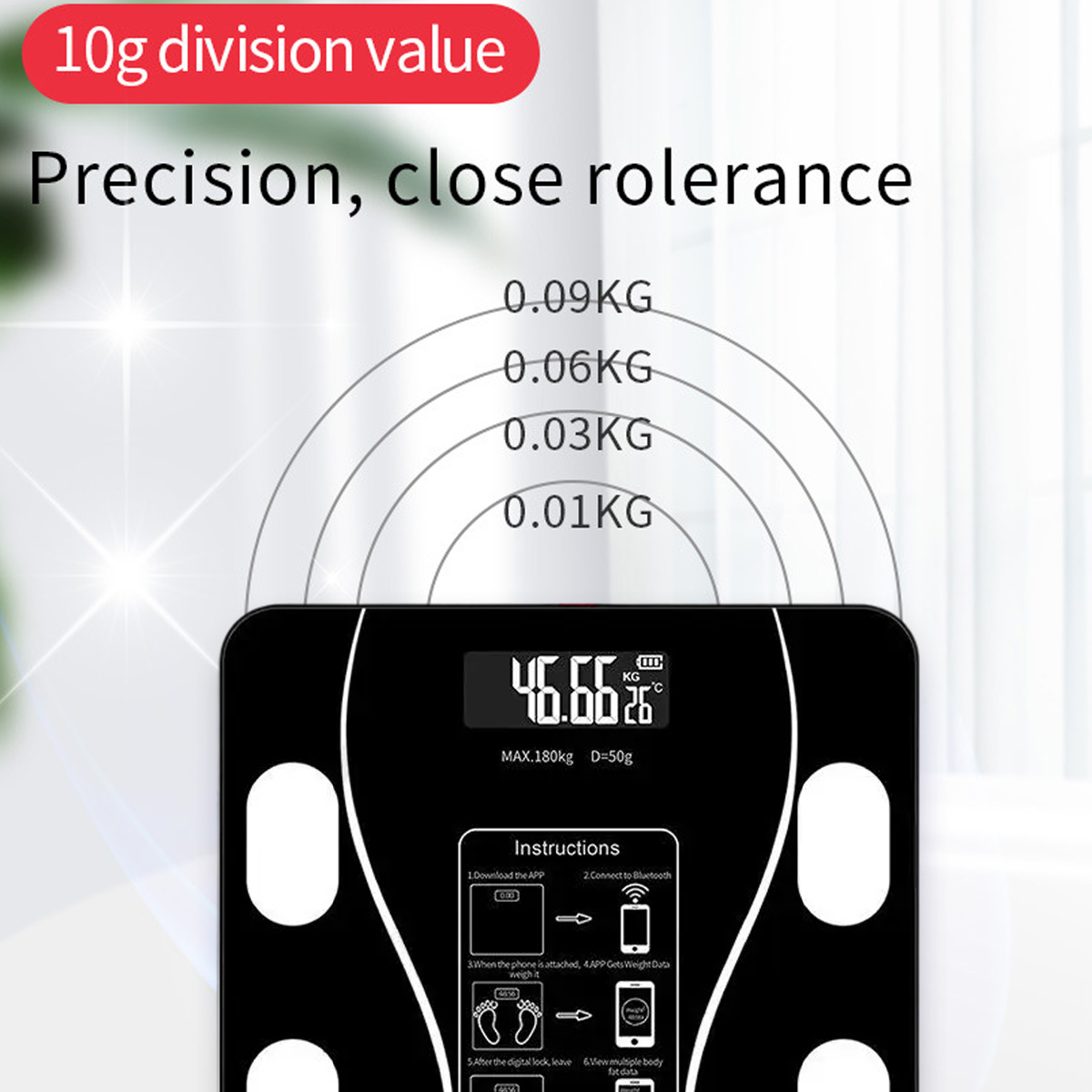 Eine Digitalwaage mit Anzeige von Gewicht und Temperatur. Darunter Anweisungen. Text: '10g division value'.