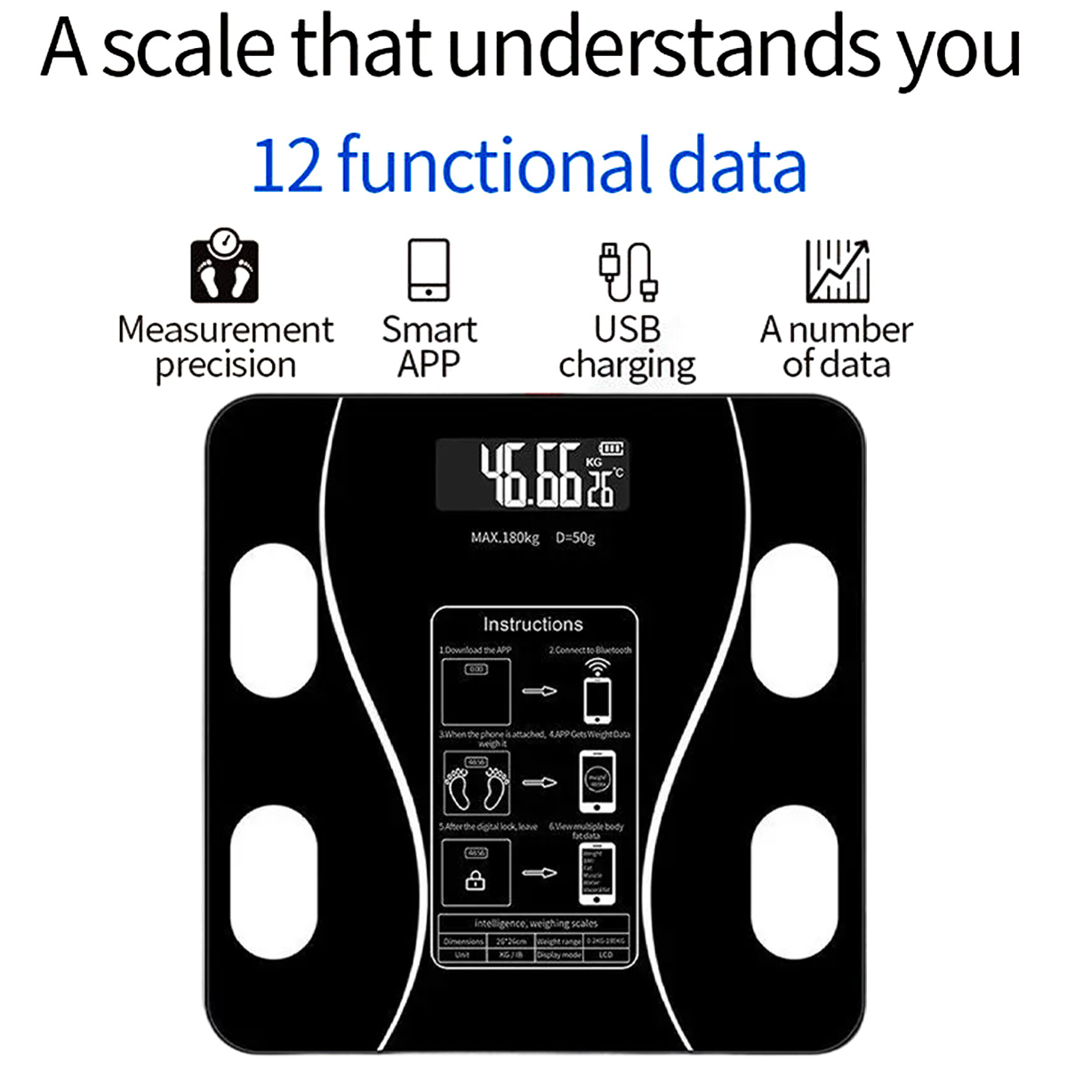 Schwarze Digitalwaage mit Gewichtsangabe. Symbole für Daten, Laden und Smart-App. Anweisungen sind auf der Waage sichtbar.