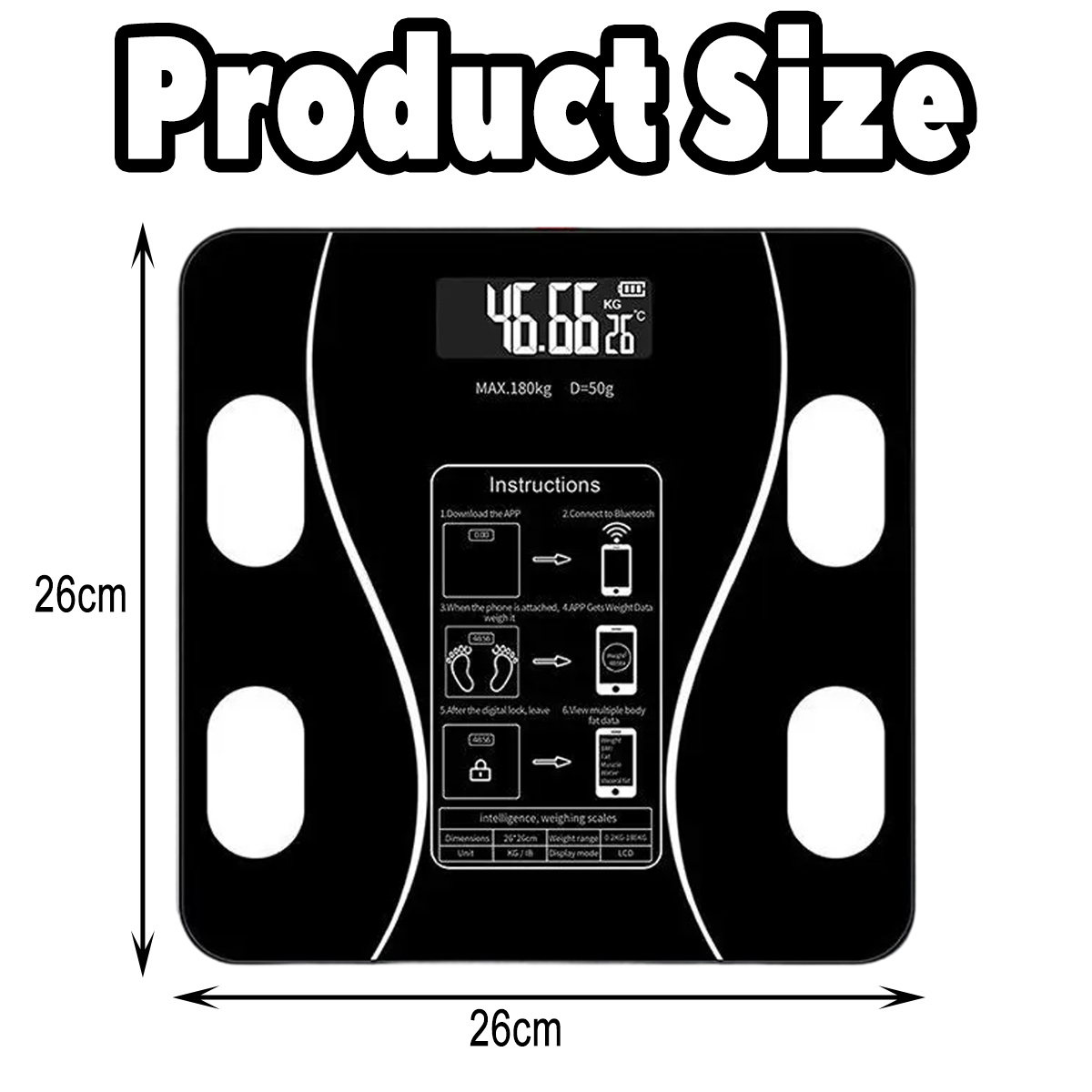Eine schwarze Digitalwaage zeigt das Gewicht an. Sie hat Anweisungen und Abmessungen. Die Produktgröße beträgt 26cm x 26cm.