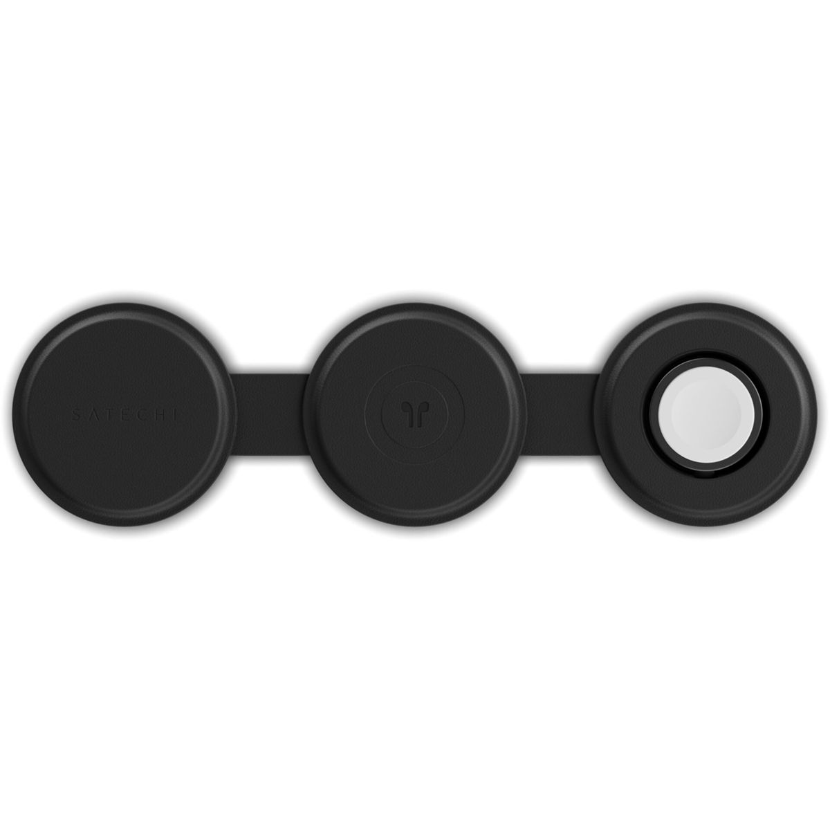 Drei verbundene schwarze kreisförmige Objekte. Auf dem linken steht 'Satechi'. Das mittlere hat ein Logo. Das rechte hat einen weißen Kreis.