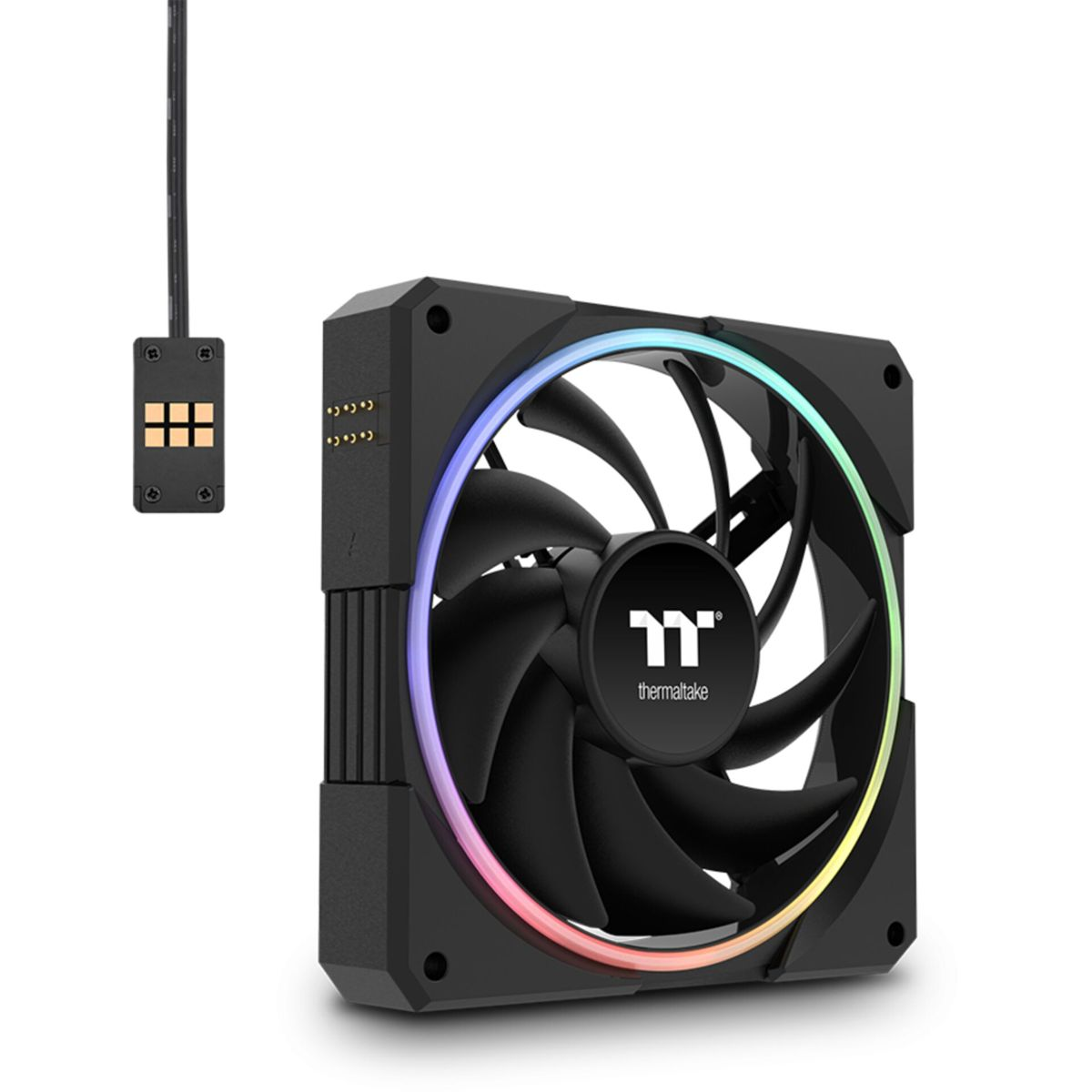 Ventola per computer nera con anello LED arcobaleno. Un piccolo connettore è collegato alla ventola. Logo Thermaltake al centro.
