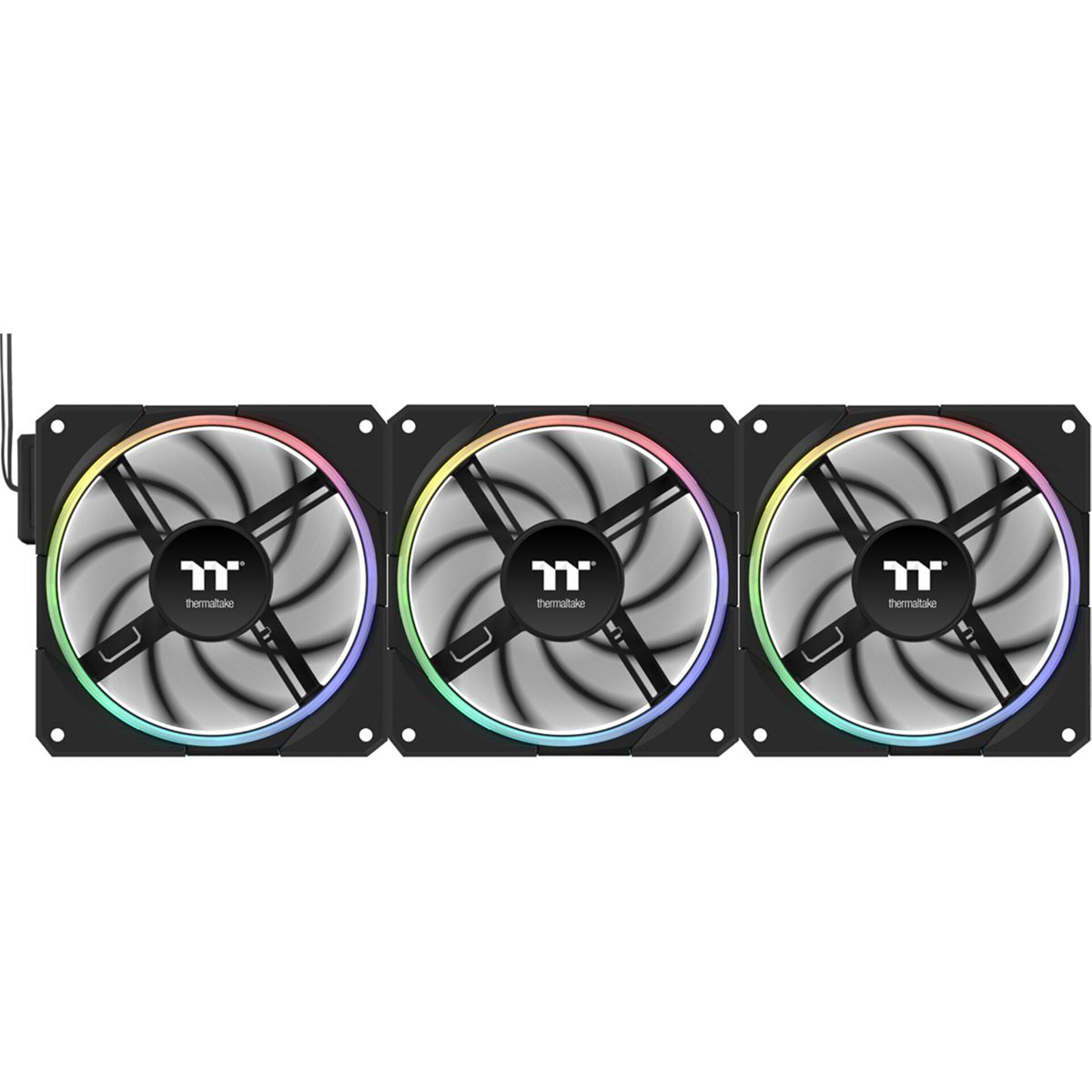 Tre ventole RGB Thermaltake. Ognuna ha una cornice nera, pale argentate e un anello luminoso colorato. Il logo centrale è visibile.