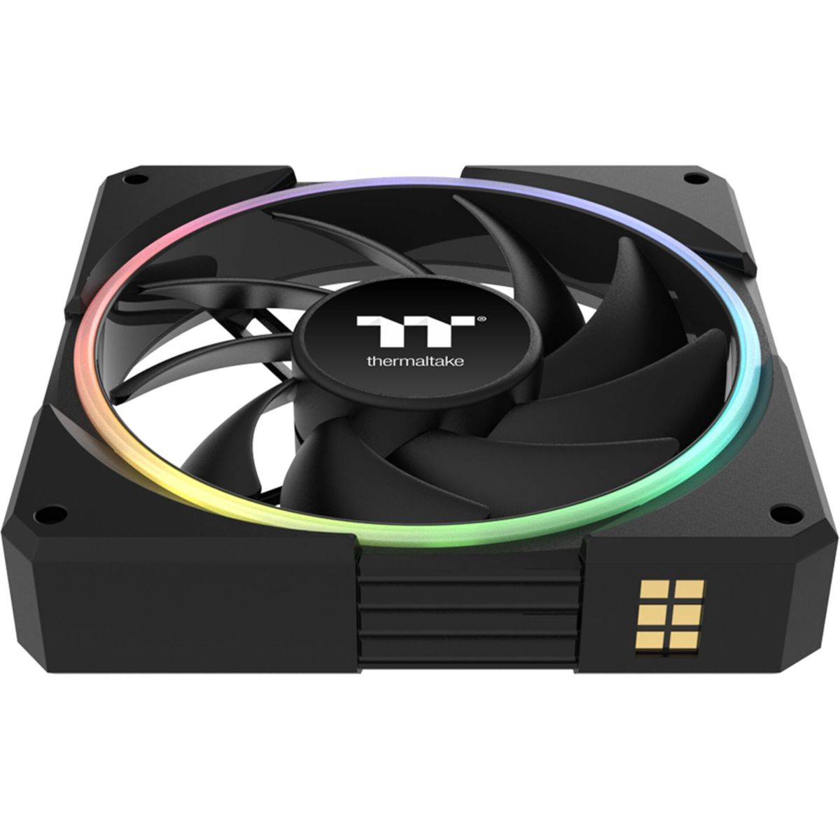 Una ventola per computer nera con un anello LED colorato. Ha pale nere e il logo Thermaltake al centro. Il telaio è nero.