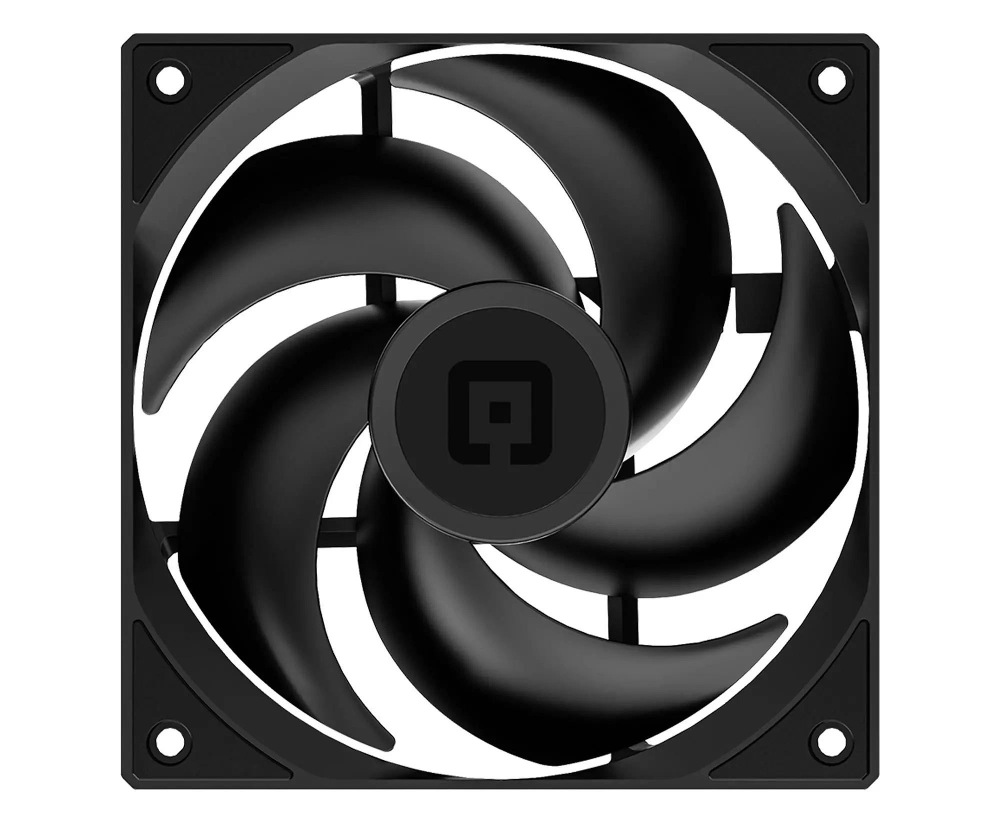 Ein schwarzer Computerlüfter mit gebogenen Flügeln und einer zentralen Nabe mit Logo, vor weißem Hintergrund.