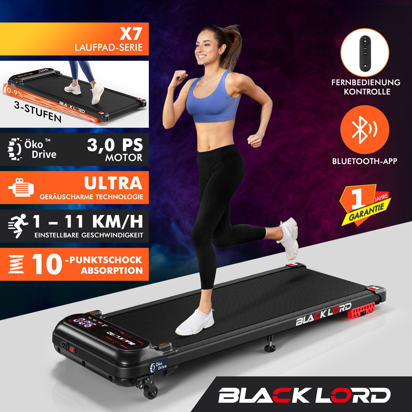 Eine Frau läuft auf einem Laufband. Das Laufband ist schwarz, die Frau trägt schwarze Leggings und einen blauen Sport-BH.