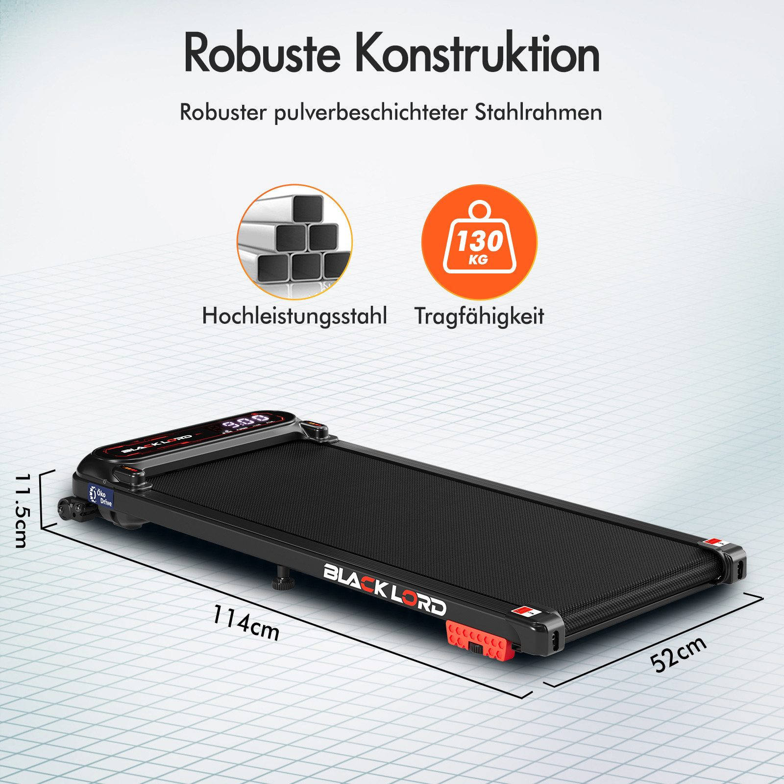 Schwarzes Laufband mit Digitalanzeige, roten Akzenten und Maßangaben. Text enthält Tragfähigkeit und Stahlrahmen.