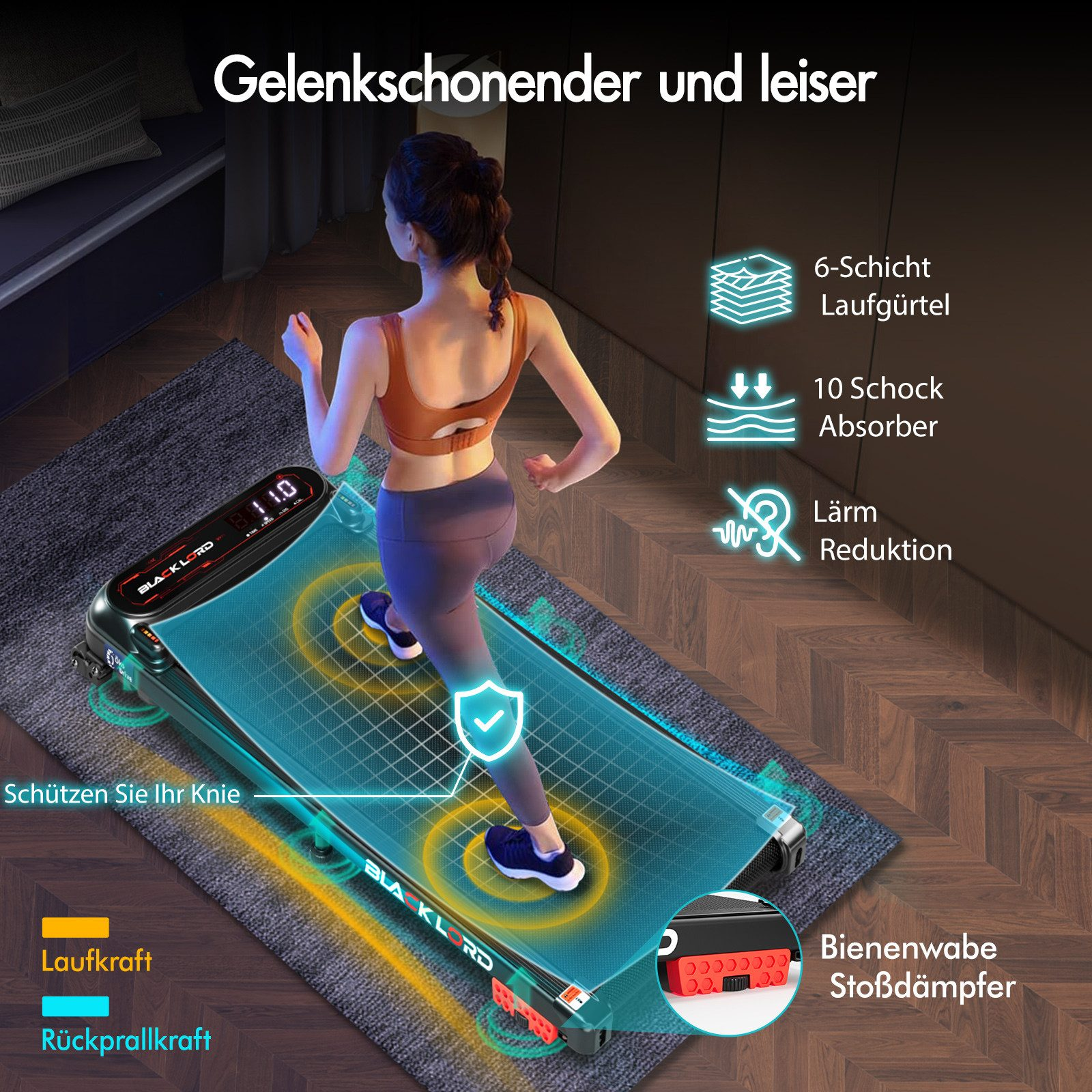 Eine Frau läuft auf einem Laufband. Text hebt Knieschutz, Geräuschreduzierung und Stoßdämpfung hervor.