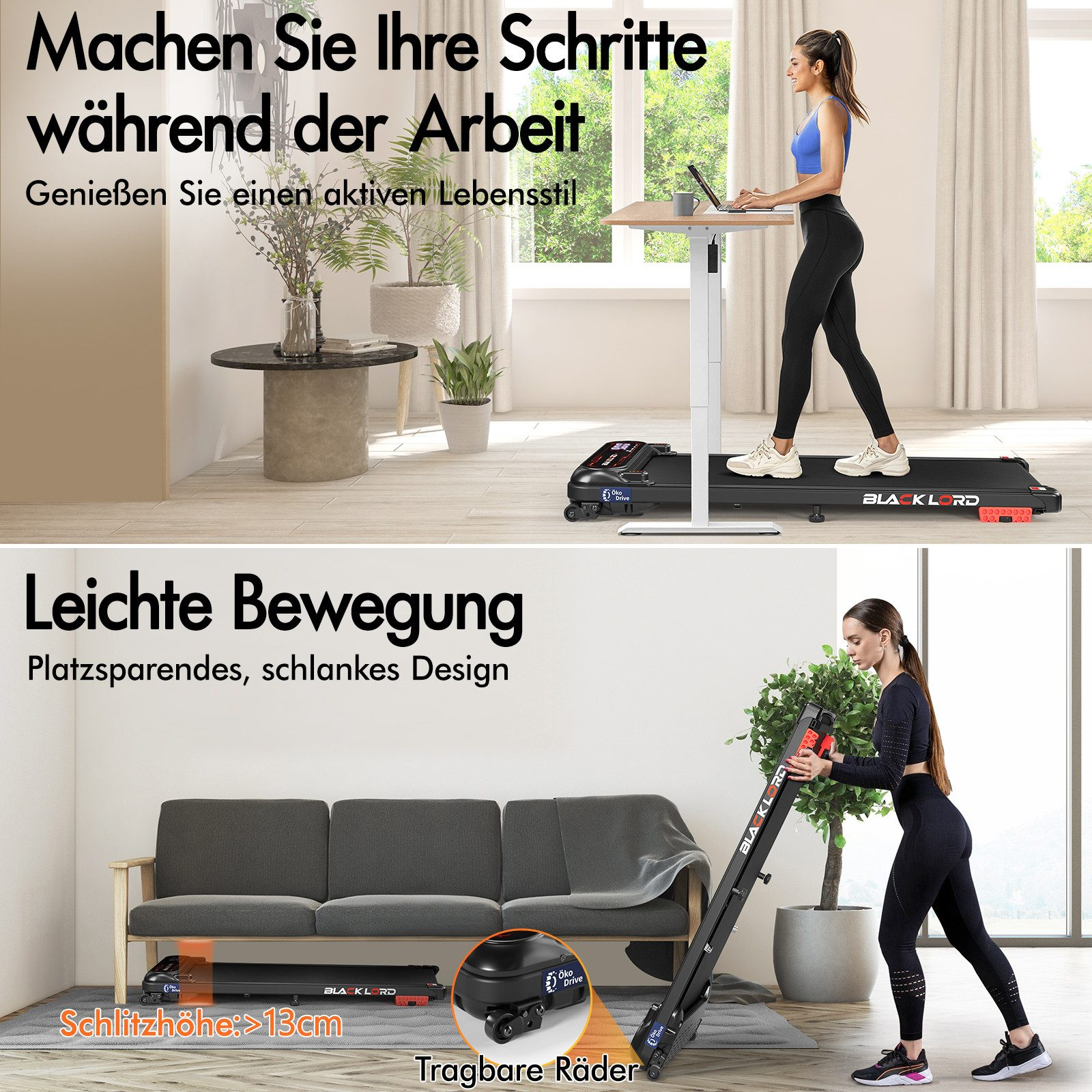 Frau geht auf Laufband mit Laptop. Eine andere Frau bewegt ein zusammengeklapptes Laufband. Text über aktiven Lebensstil.