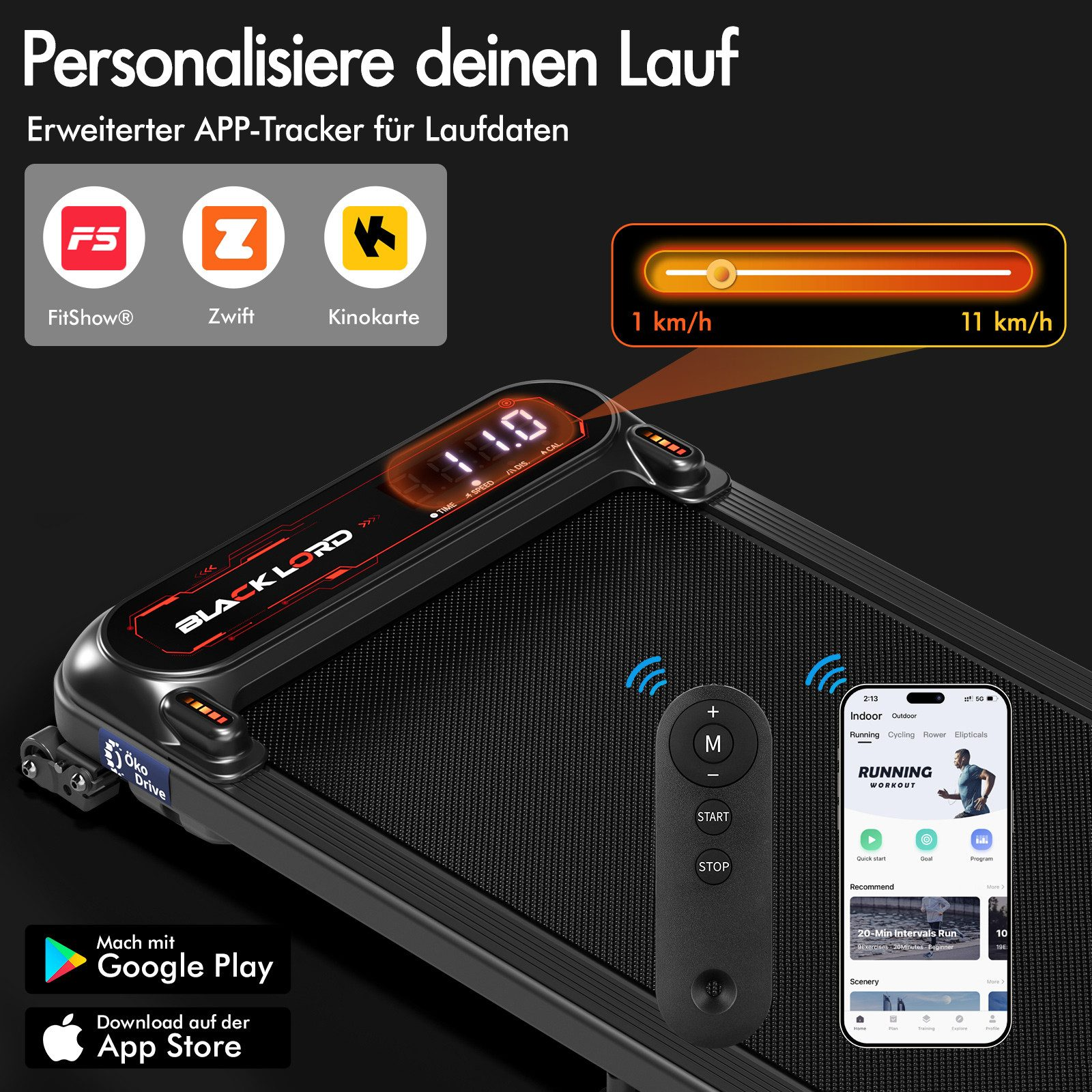 Laufband mit Geschwindigkeitsanzeige und Telefon mit Trainingsoptionen. Logos für Apps sind sichtbar.