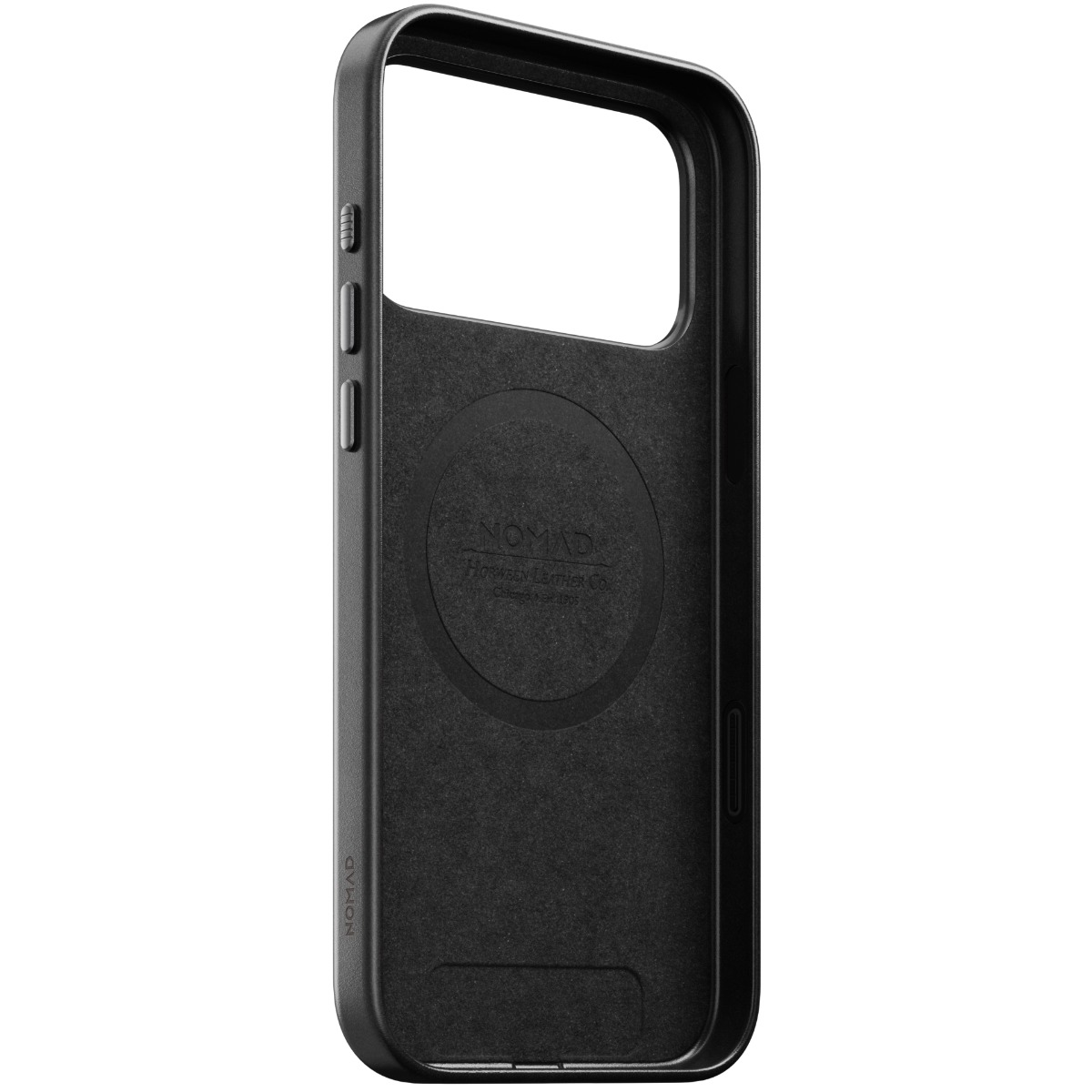 Schwarze Handyhülle, Innenraum sichtbar. Mit Ausschnitt für Kamera und Knöpfe. Das Nomad-Logo ist innen sichtbar.