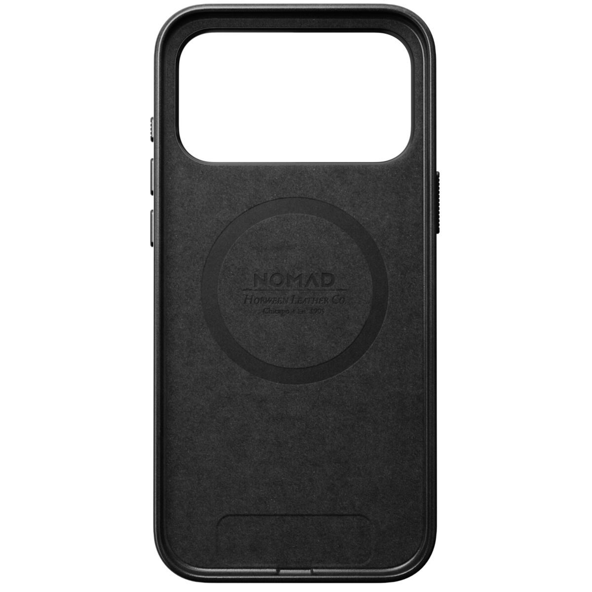 Eine schwarze Handyhülle mit einem Ausschnitt für die Kamera. Sie trägt den Markennamen NOMAD und das Logo von Horween Leather Co.