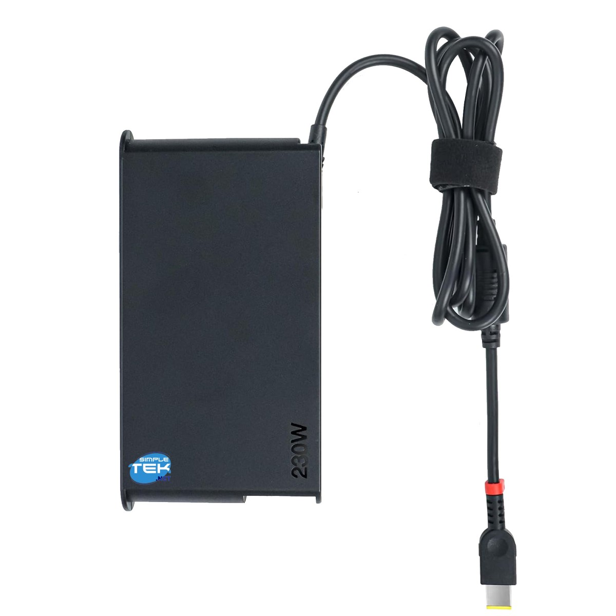 Un adattatore di alimentazione per laptop nero da 230 W con cavo nero, una fascia rossa e nera e un connettore con punta gialla.
