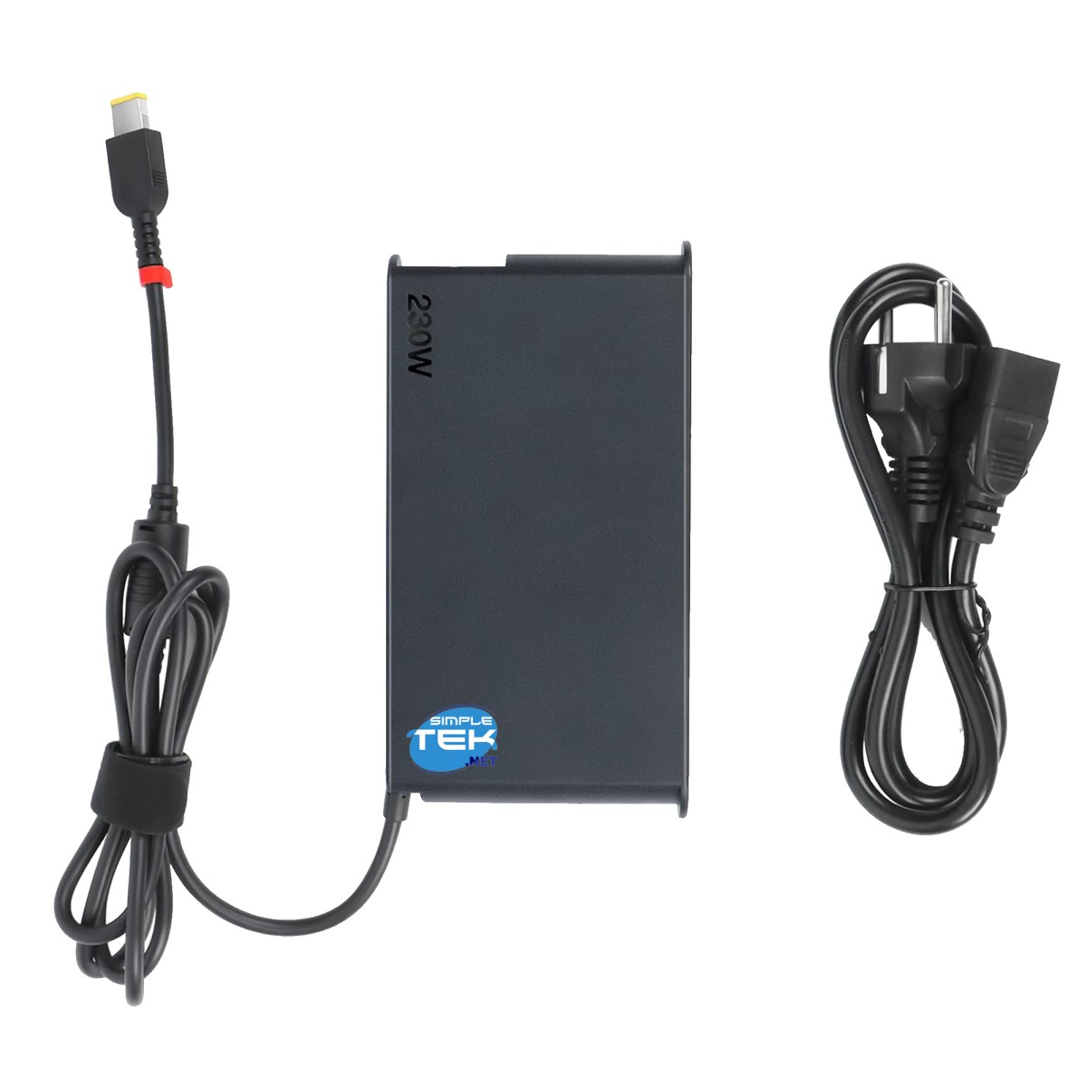 Un caricabatterie nero per laptop con un cavo di alimentazione e un cavo di ricarica. Il caricabatterie ha la scritta '230W' e un logo.