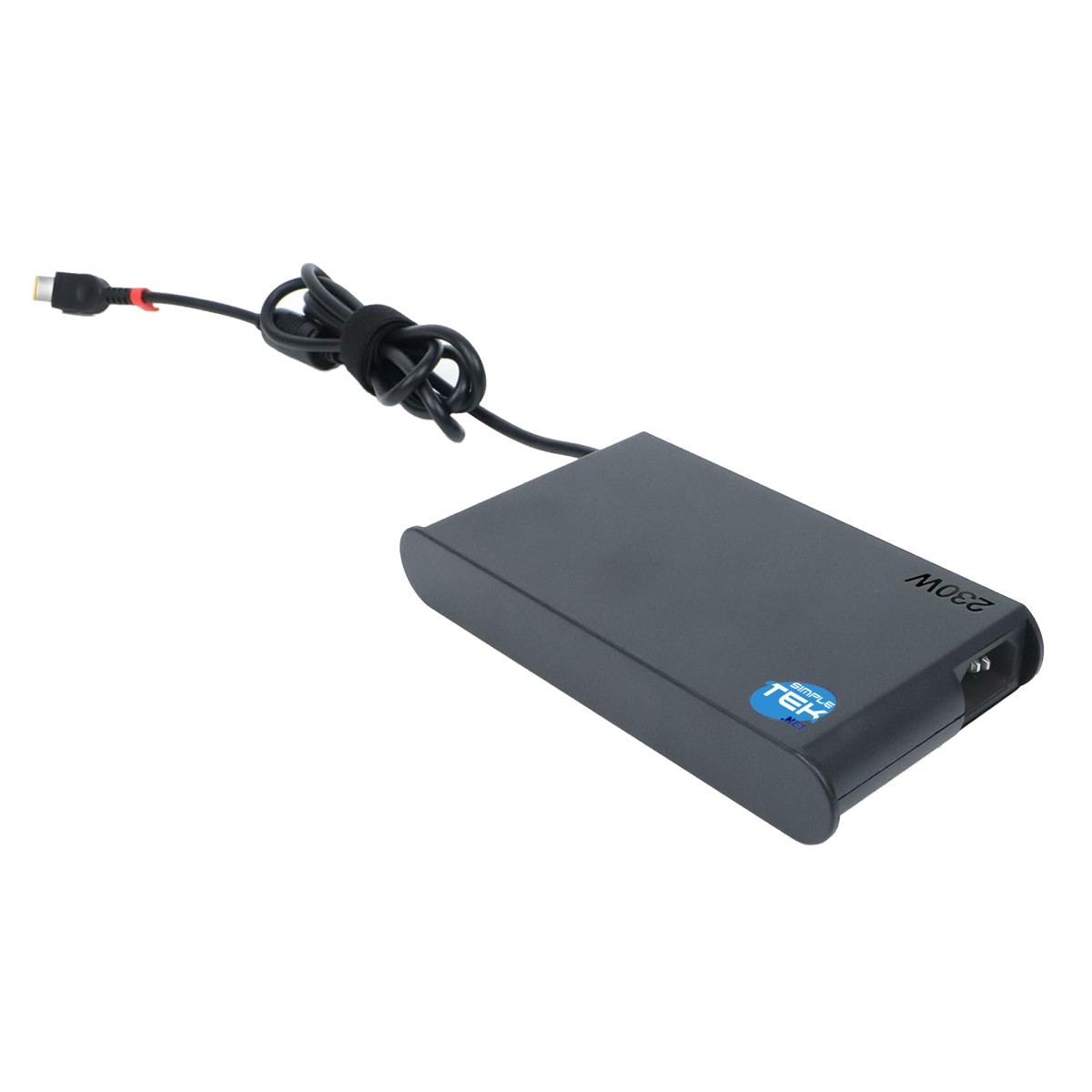 Un caricabatterie per laptop grigio scuro da 230 W con un cavo nero. Il caricabatterie ha un logo blu e bianco e una spina.