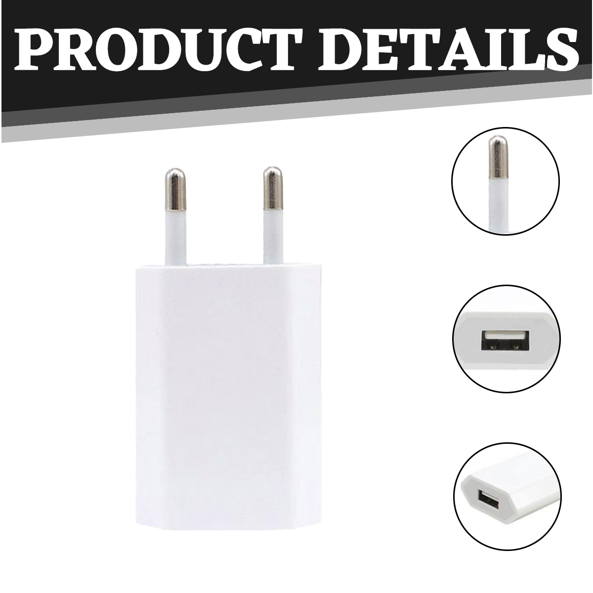 Ein weißes Telefonladegerät mit zwei Stiften und zwei Nahaufnahmen des Ladegeräts und Adapters. Der Text lautet 'PRODUCT DETAILS'.