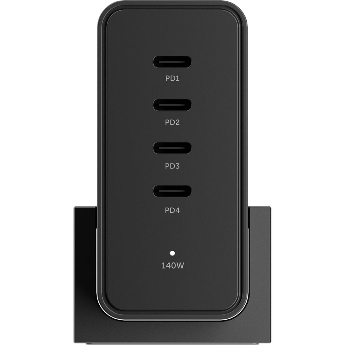 Une station de recharge noire avec 4 ports USB-C étiquetés PD1-PD4, un indicateur 140W et une base. Le fond est blanc.