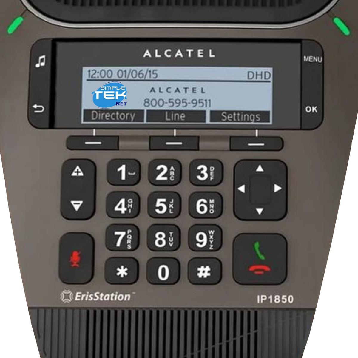 Primo piano di un telefono Alcatel IP1850. Ha uno schermo, una tastiera e pulsanti funzione. Lo schermo mostra l'ora e i dettagli del telefono.