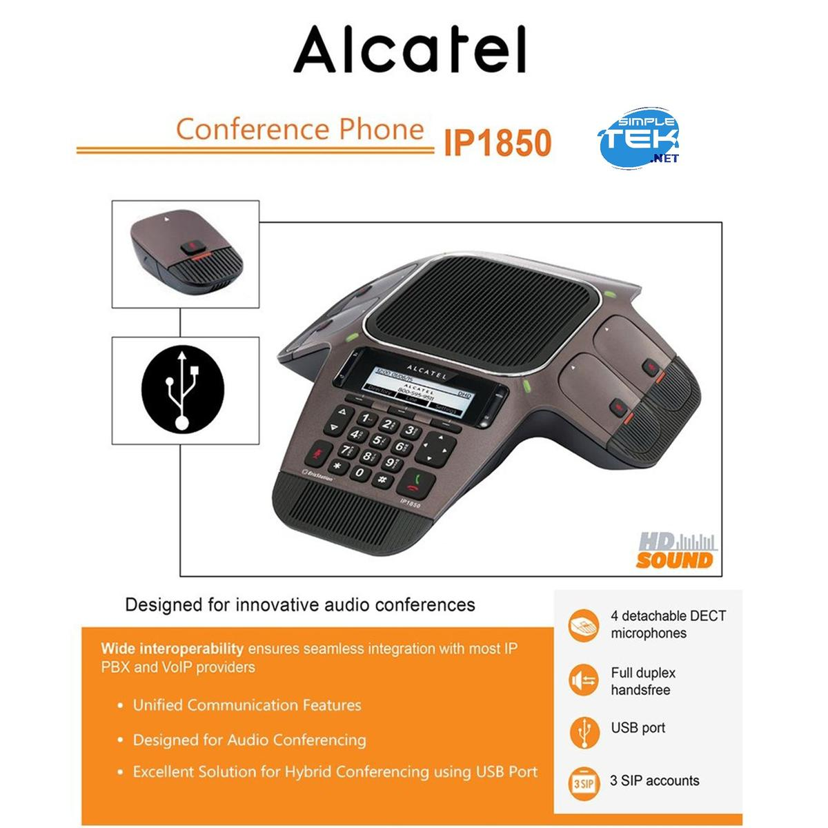 Telefono per conferenze Alcatel IP1850. Include tastiera, display e porte varie. È progettato per audioconferenze.