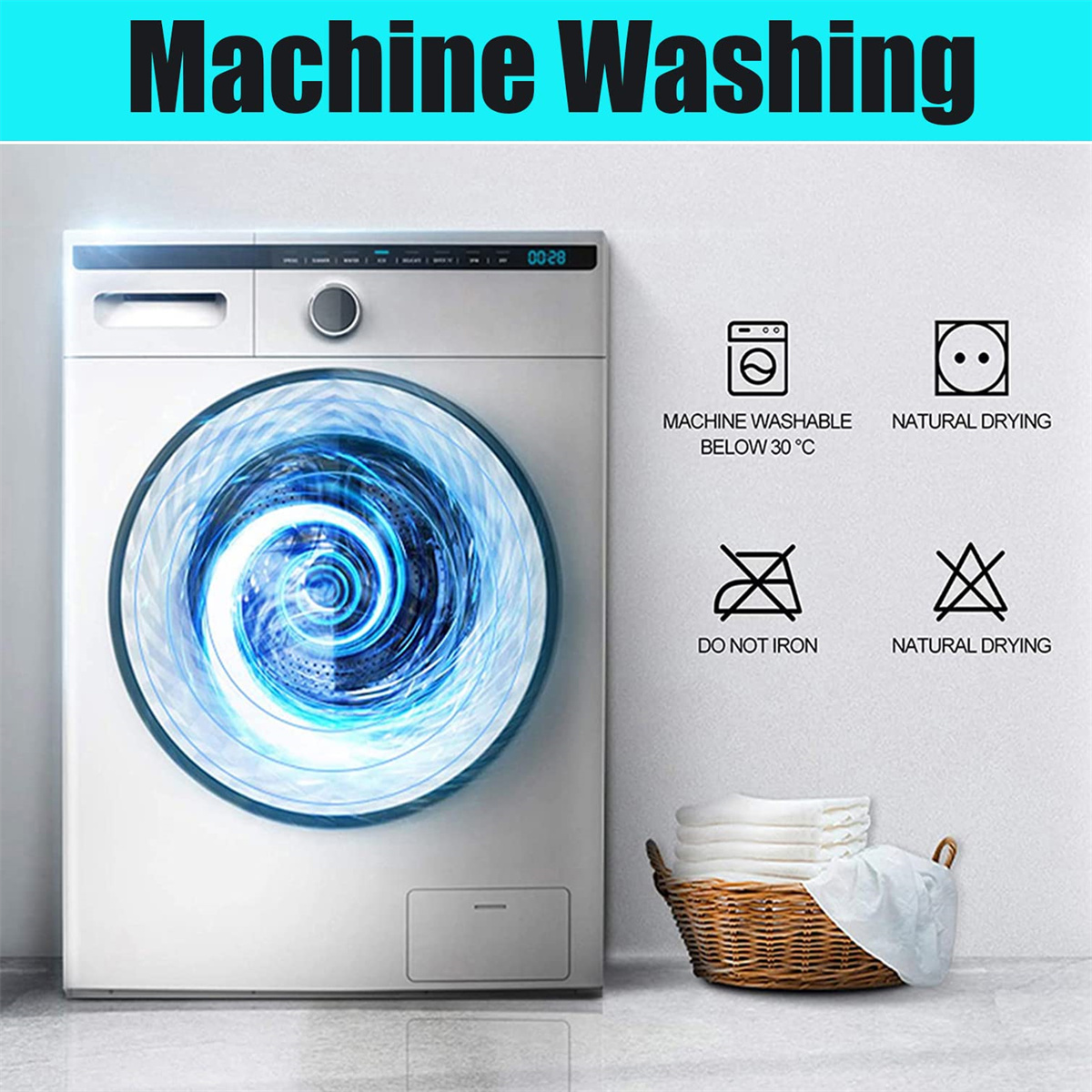 Eine Waschmaschine mit blauem Licht im Inneren, daneben Anweisungen und ein Wäschekorb. Der Text lautet 'Maschinenwäsche'.