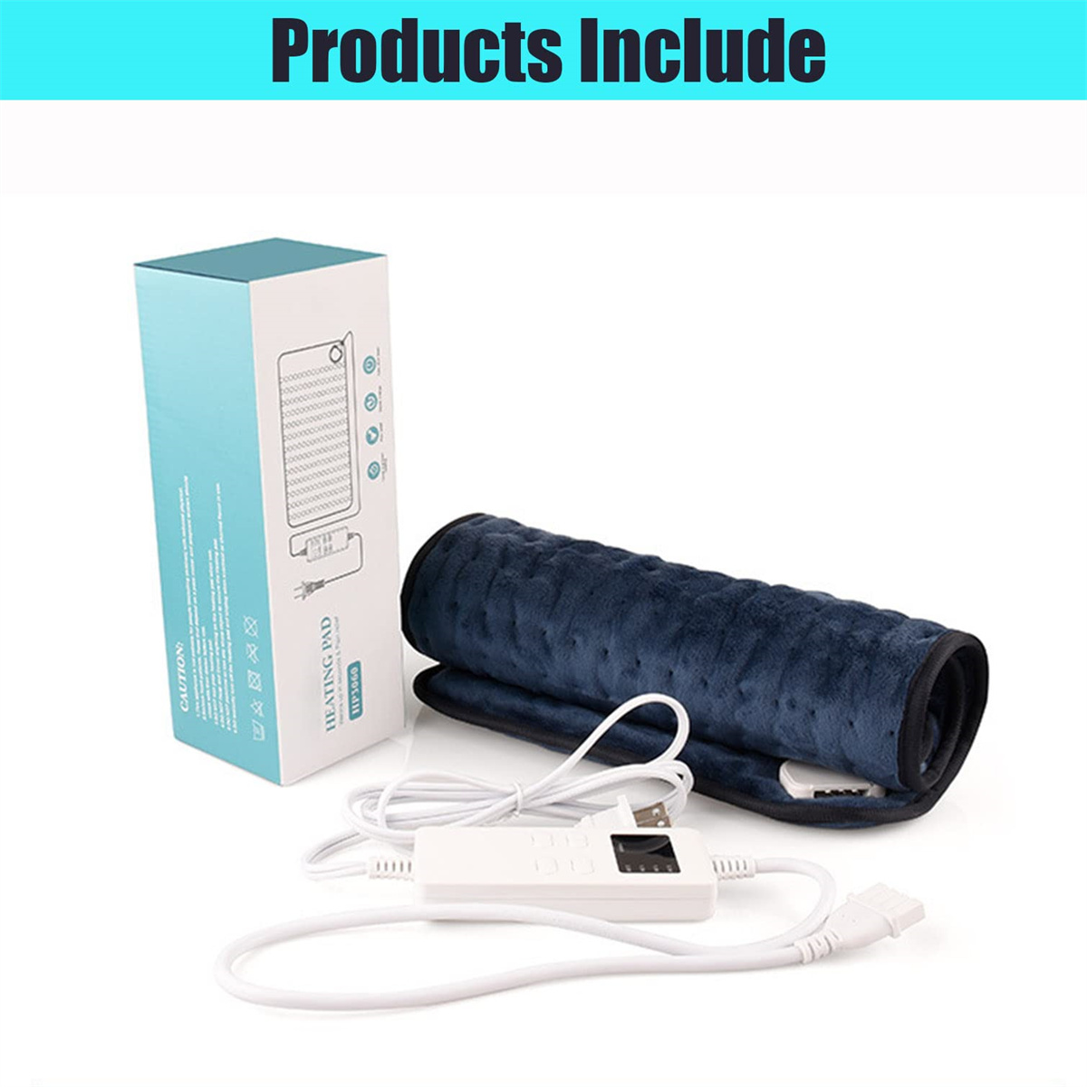 Ein blaues Heizkissen, eine Steuerbox und eine Verpackung liegen auf einer weißen Oberfläche. Auf der Schachtel steht 'HEATING PAD', und das Kissen ist gerollt.