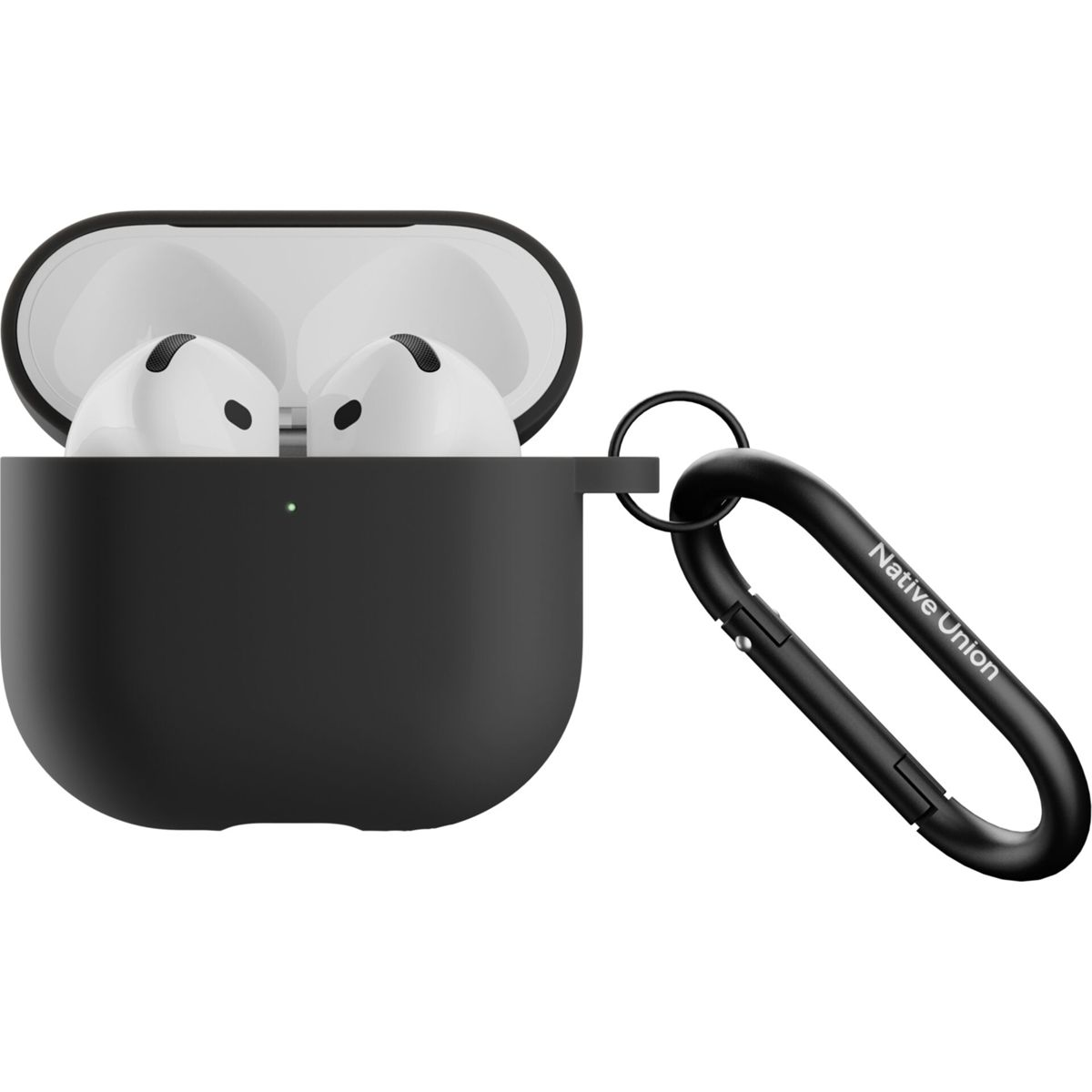 Schwarzes AirPods-Etui mit weißen Ohrhörern. Ein schwarzer Karabiner mit Native Union-Aufdruck ist befestigt.