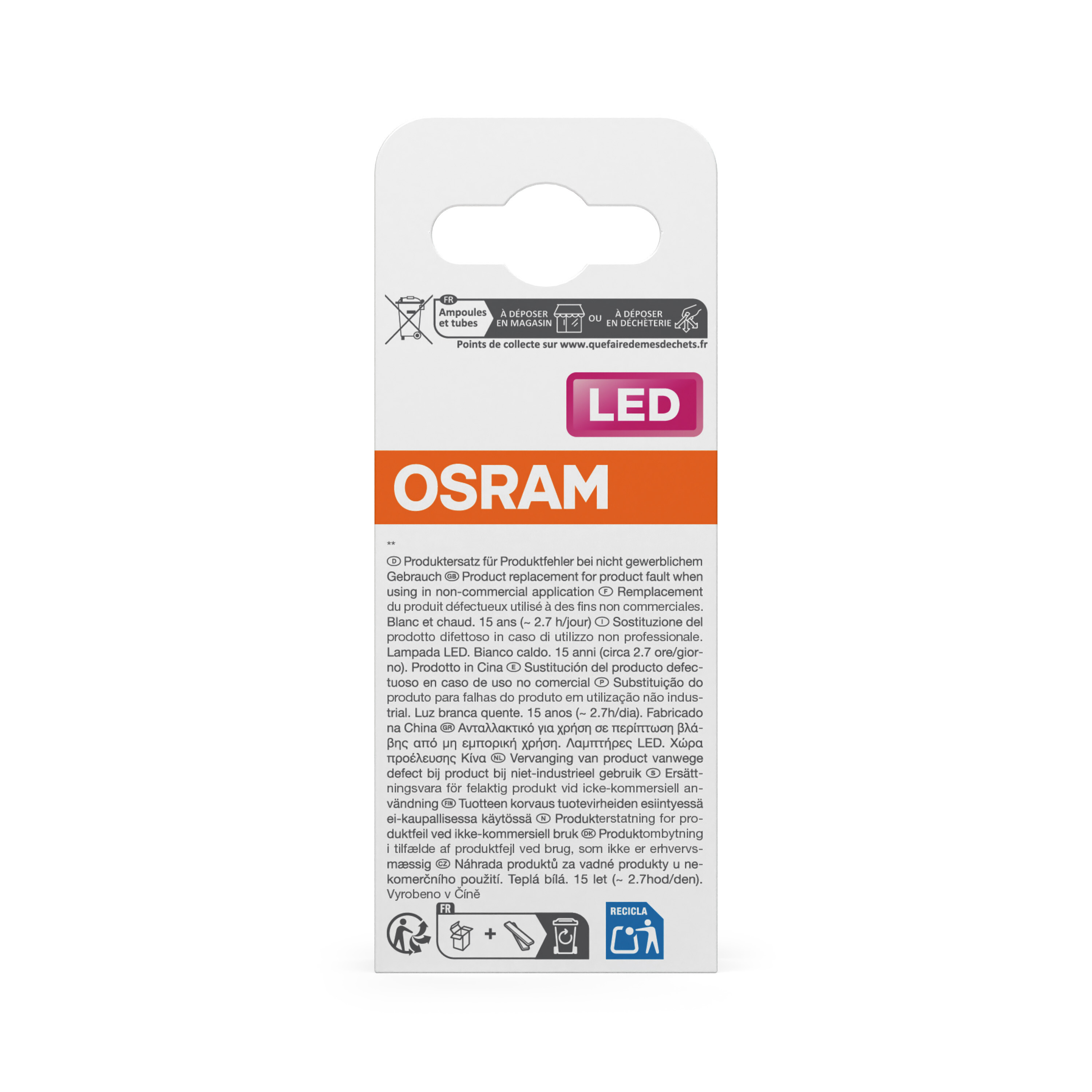 Confezione bianca con testo e simboli. Etichetta LED rosa e logo OSRAM arancione.