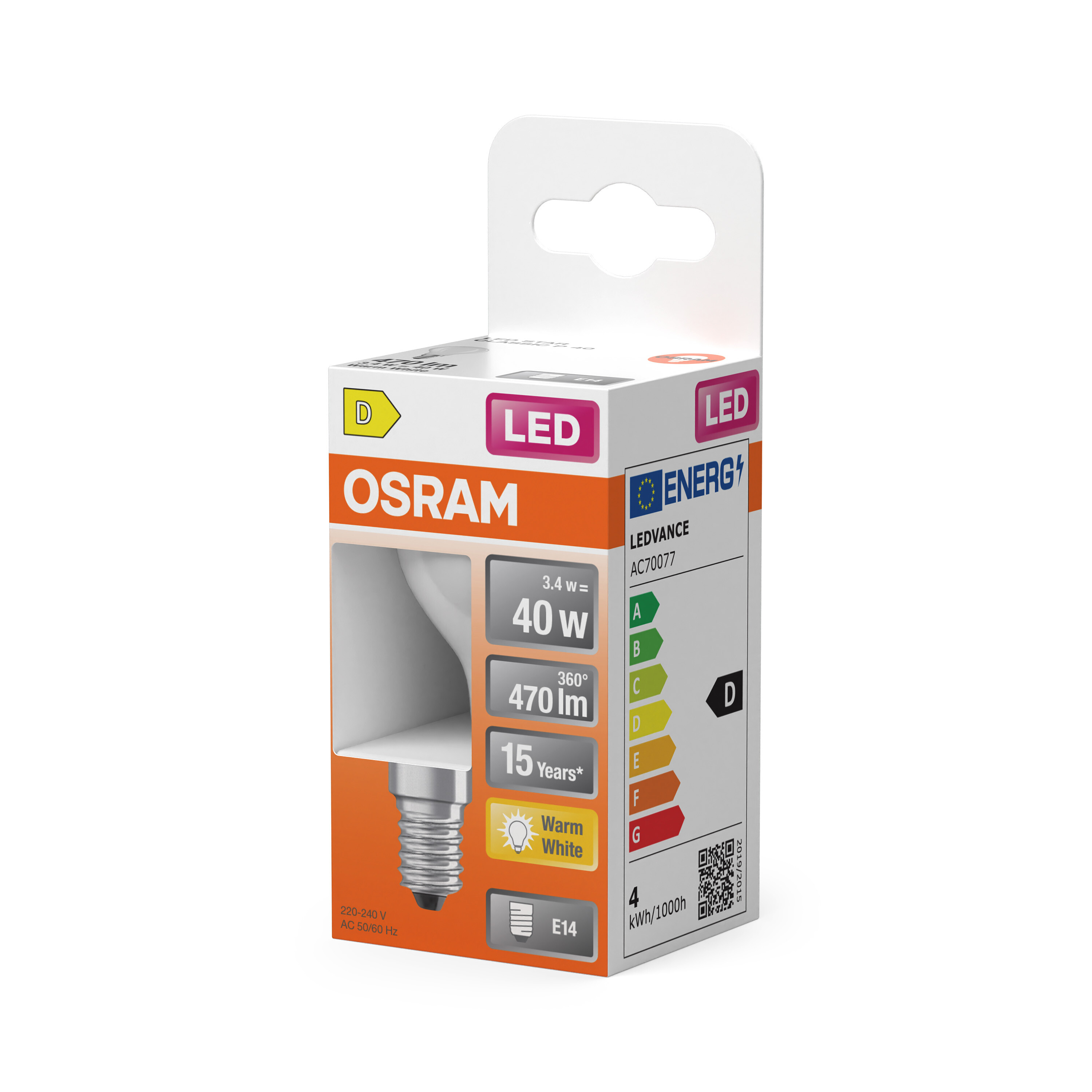 Una confezione di lampadina LED Osram. La scatola è bianca e arancione, con classificazioni di efficienza energetica e dettagli.
