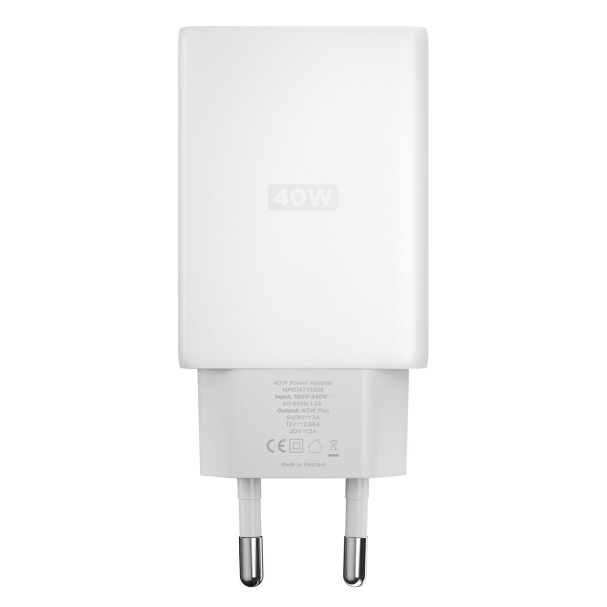 Weißes 40-W-Netzteil mit zwei Stiften. Text enthält '40W', 'Input: 100V-240V', 'Made in Vietnam' und Zertifizierungen.