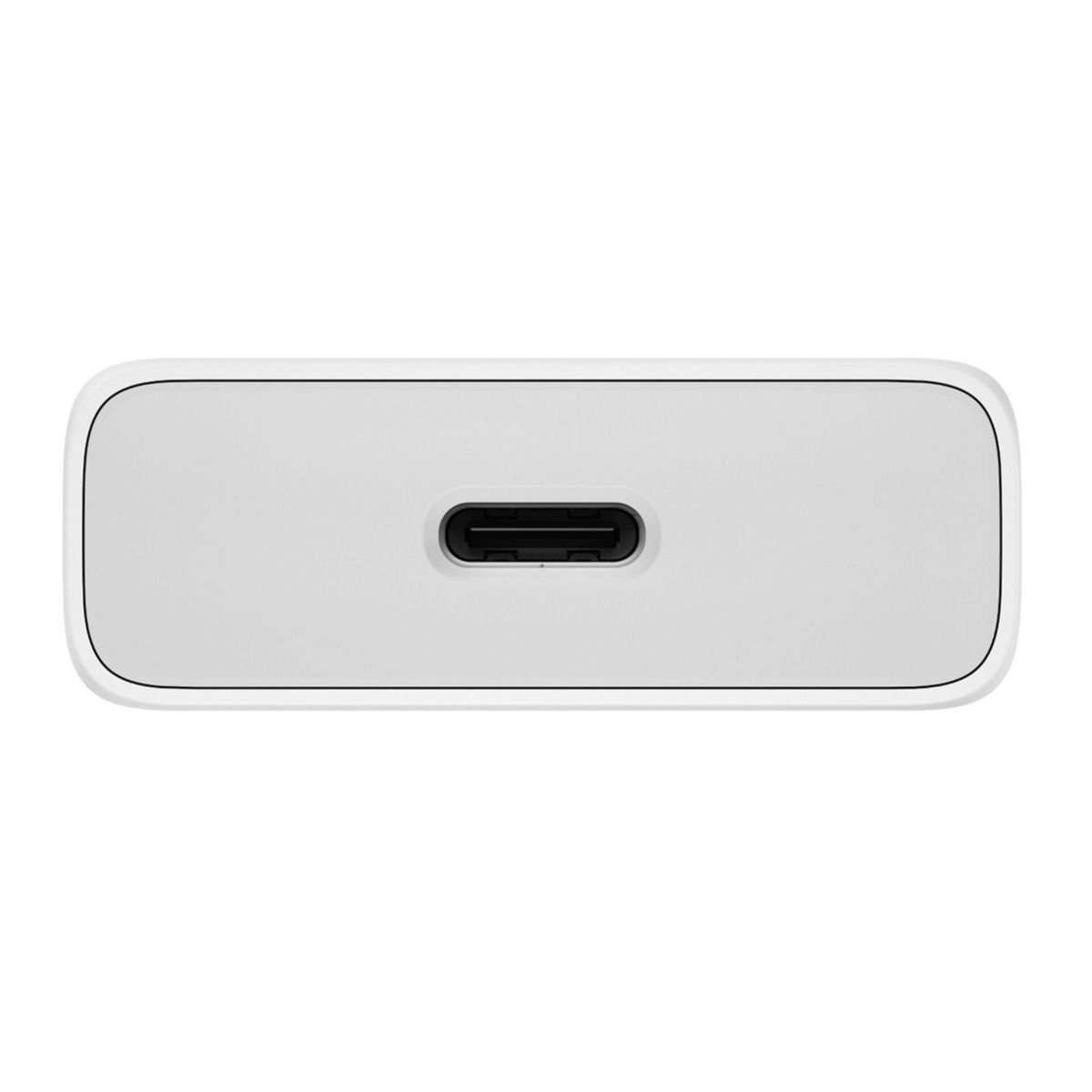 Ein weißes rechteckiges Gerät mit abgerundeten Kanten. Es hat einen schwarzen USB-C-Anschluss in der Mitte. Das Gerät befindet sich auf weißem Hintergrund.