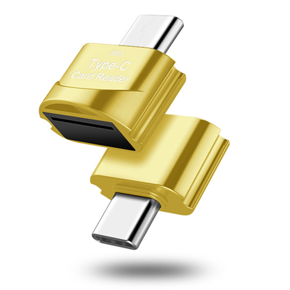 Zwei goldene Typ-C-Kartenleser werden angezeigt. Jeder hat einen USB-C-Anschluss. Der obere hat einen Kartensteckplatz, beide vor weißem Hintergrund.