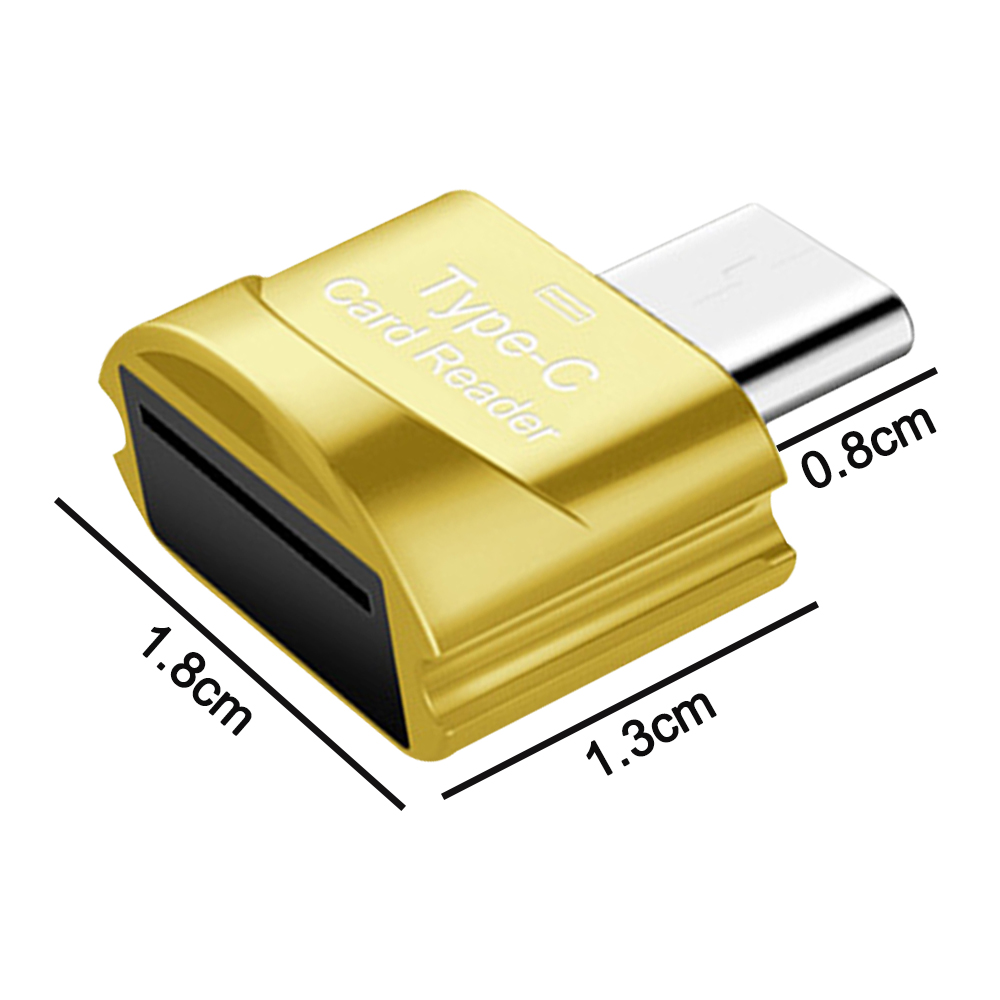 Ein goldener Typ-C-Kartenleser. Abmessungen sind mit Pfeilen angegeben: 1,8 cm, 1,3 cm und 0,8 cm. Schwarzer Schlitz zum Einlegen der Karte.