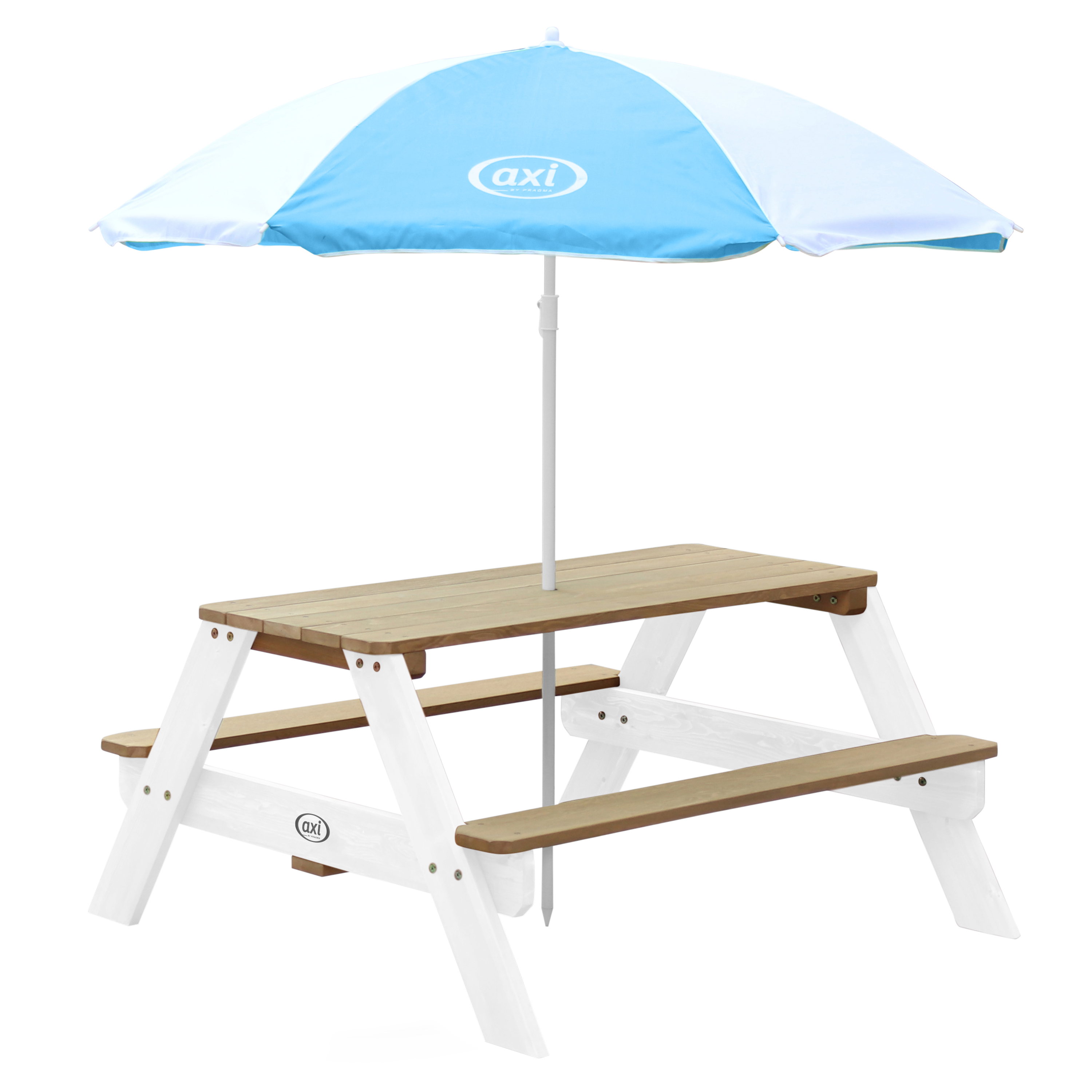 Ein Kindertisch mit Sonnenschirm. Der Tisch ist aus Holz mit weißen Beinen. Der Schirm ist blau und weiß.