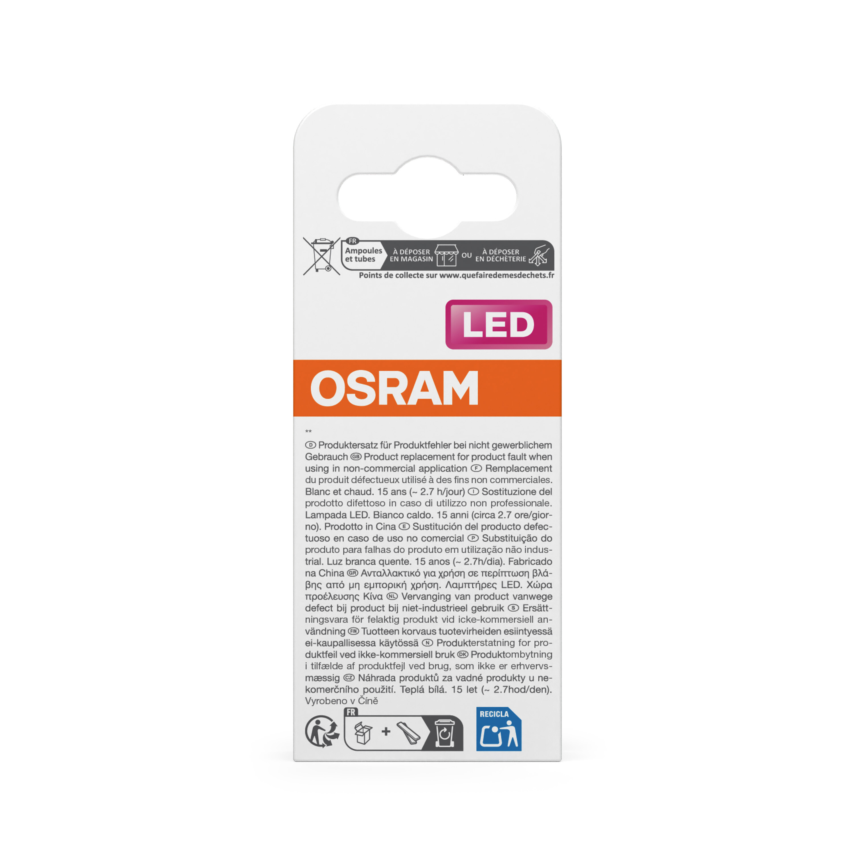 Confezione bianca di lampadina LED OSRAM con simboli di riciclaggio e testo francese.
