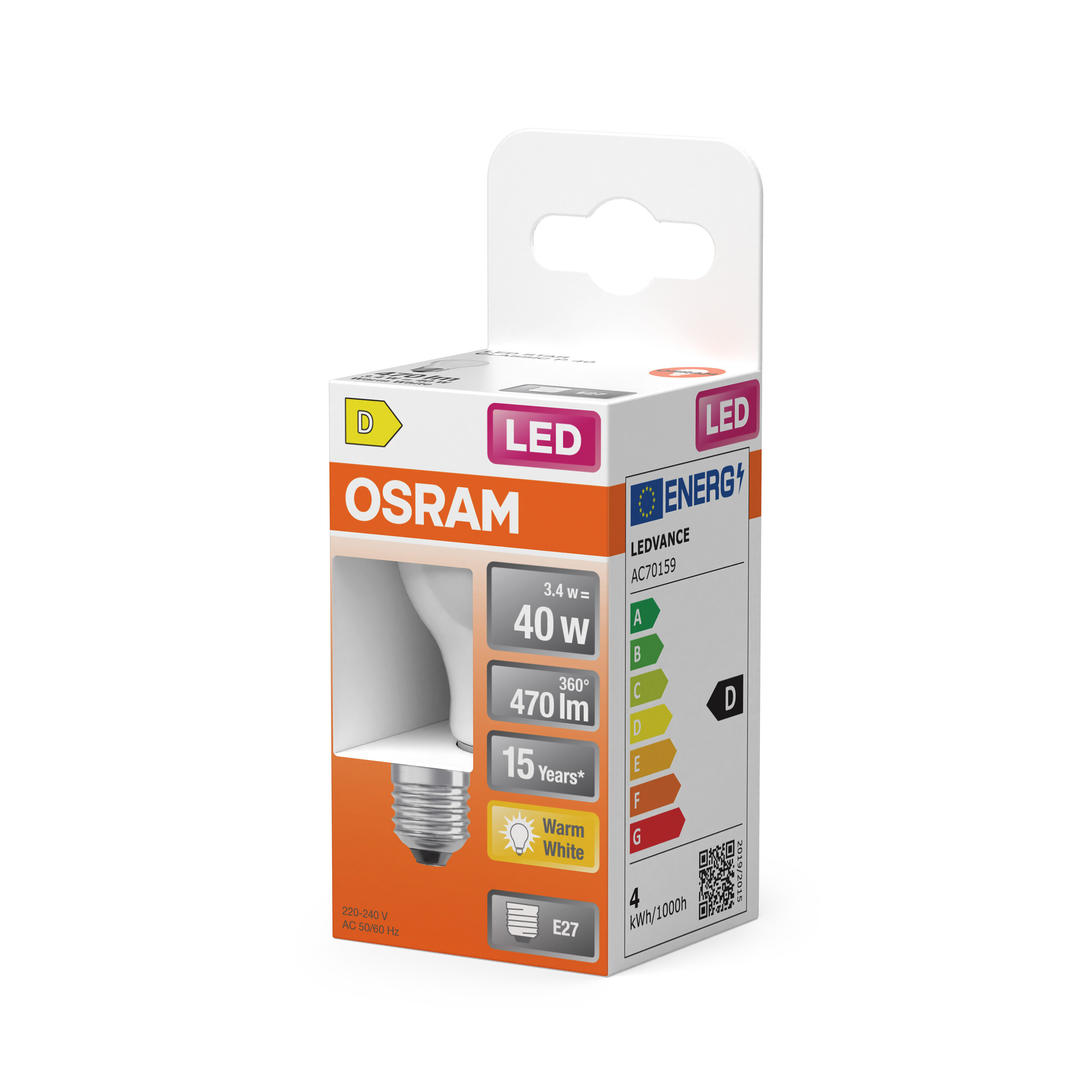 Una scatola di lampadina LED OSRAM. Scatola bianca e arancione. Dettagli includono watt, lumen e classe energetica.