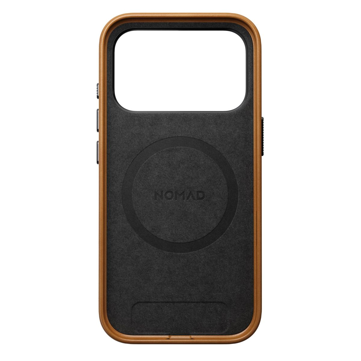 Una custodia per telefono con cornice in pelle marrone e interno nero. La parola 'NOMAD' è stampata sulla superficie nera.