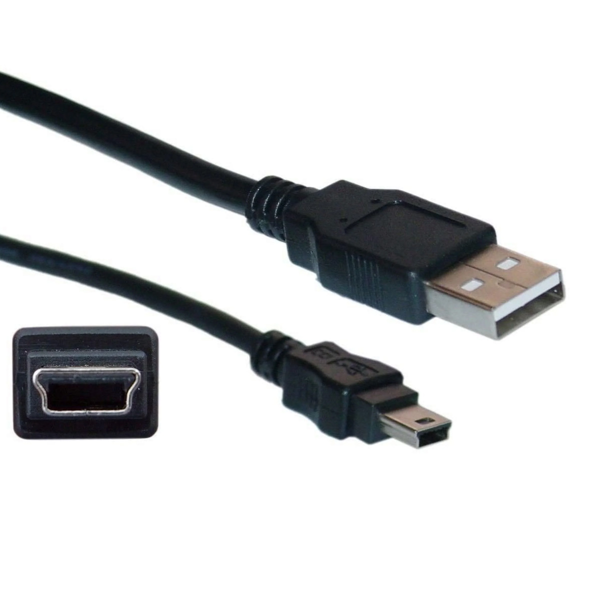Ein schwarzes USB-Kabel mit zwei Anschlüssen, einem Standard-USB- und einem Mini-USB. Ein Mini-USB-Anschluss wird ebenfalls gezeigt.