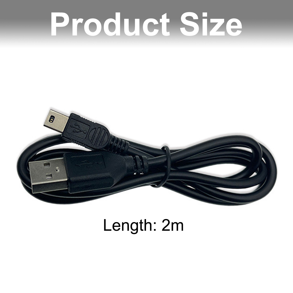 Ein schwarzes USB-Kabel mit zwei Anschlüssen wird auf weißem Hintergrund gezeigt. Der Text 'Product Size' und 'Length: 2m' sind sichtbar.