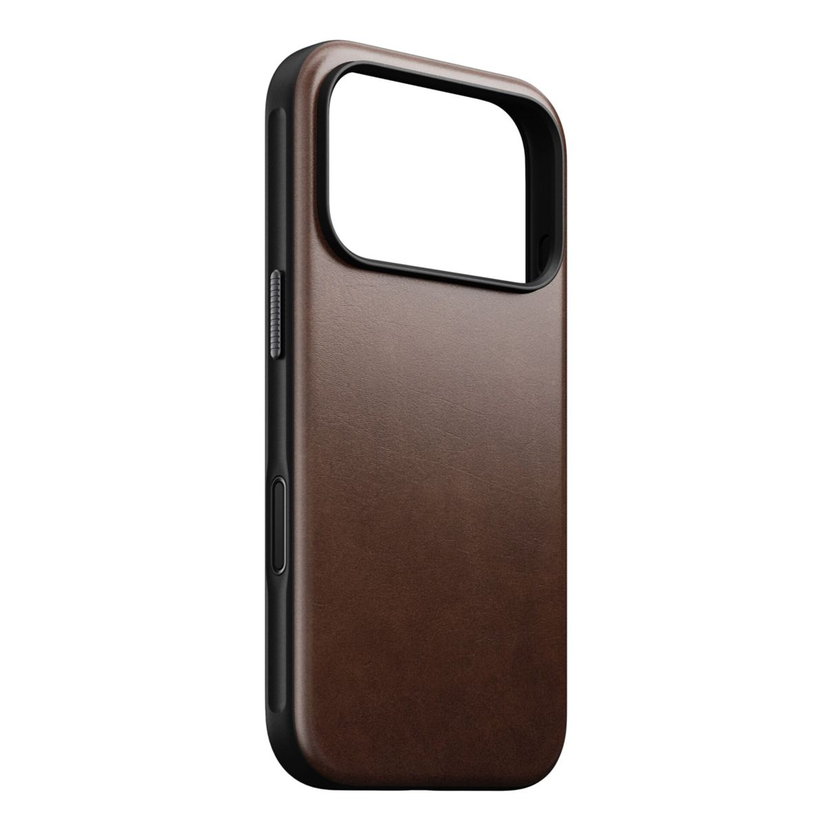 Una custodia per telefono in pelle marrone. La custodia ha una cornice scura con ritagli per la fotocamera e i pulsanti.