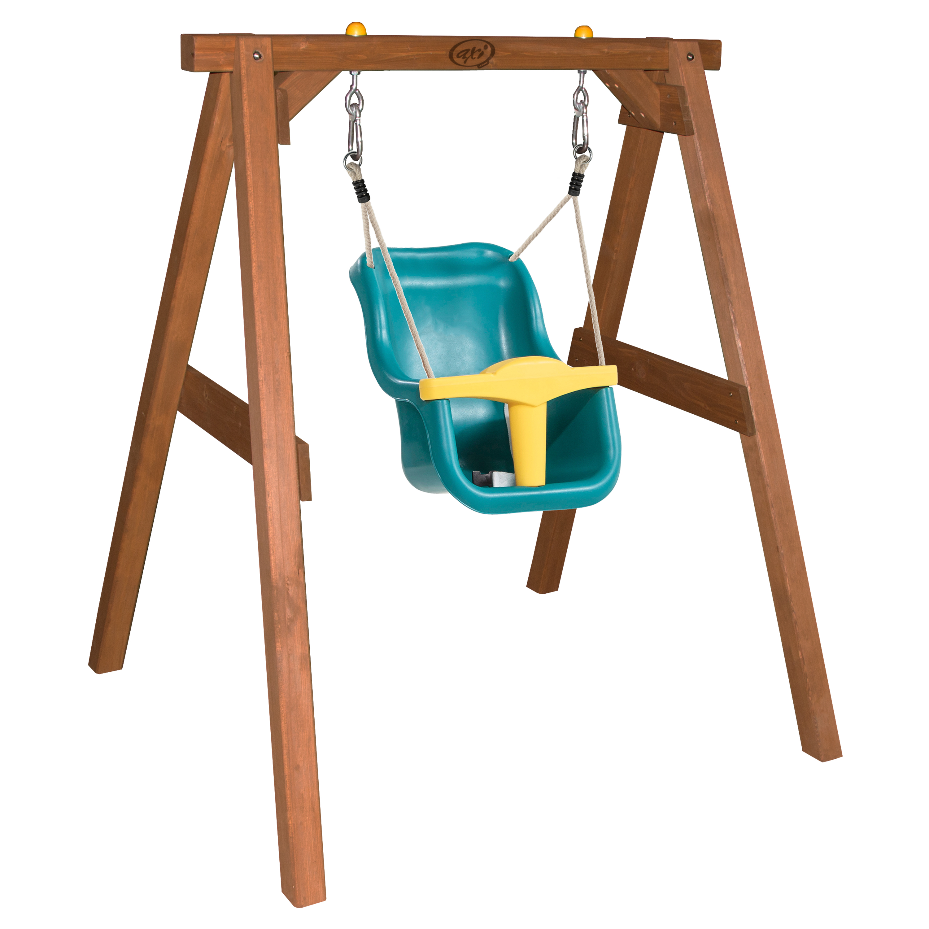 Ein Holzschaukel-Set mit einem tealfarbenen Schaukelsitz und gelbem Sicherheitsbügel. Der Rahmen ist braun.