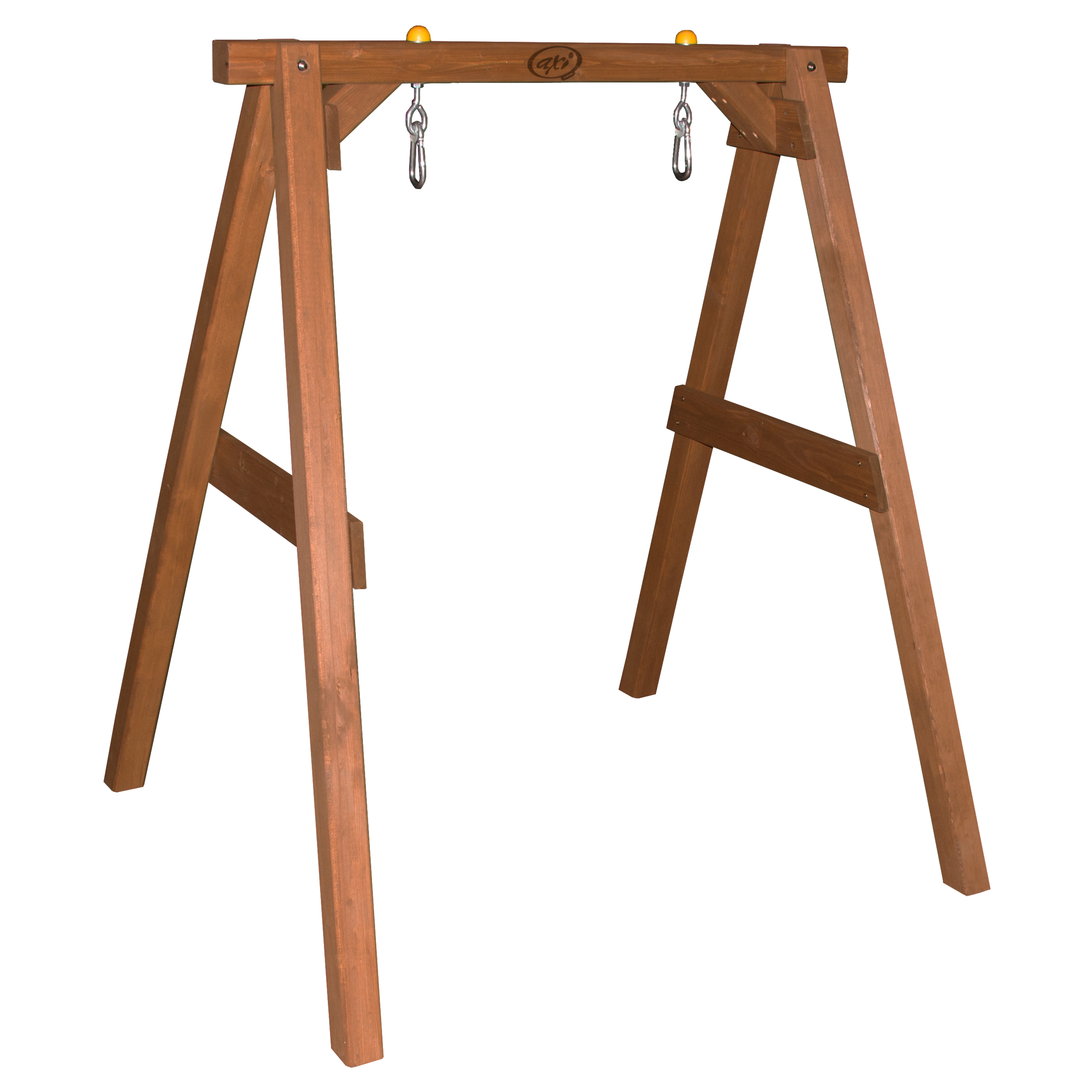 A-förmiger Holzschaukel-Set. Es hat zwei gelbe Knöpfe, zwei Metallhaken und braunes Holz. Der Hintergrund ist weiß.