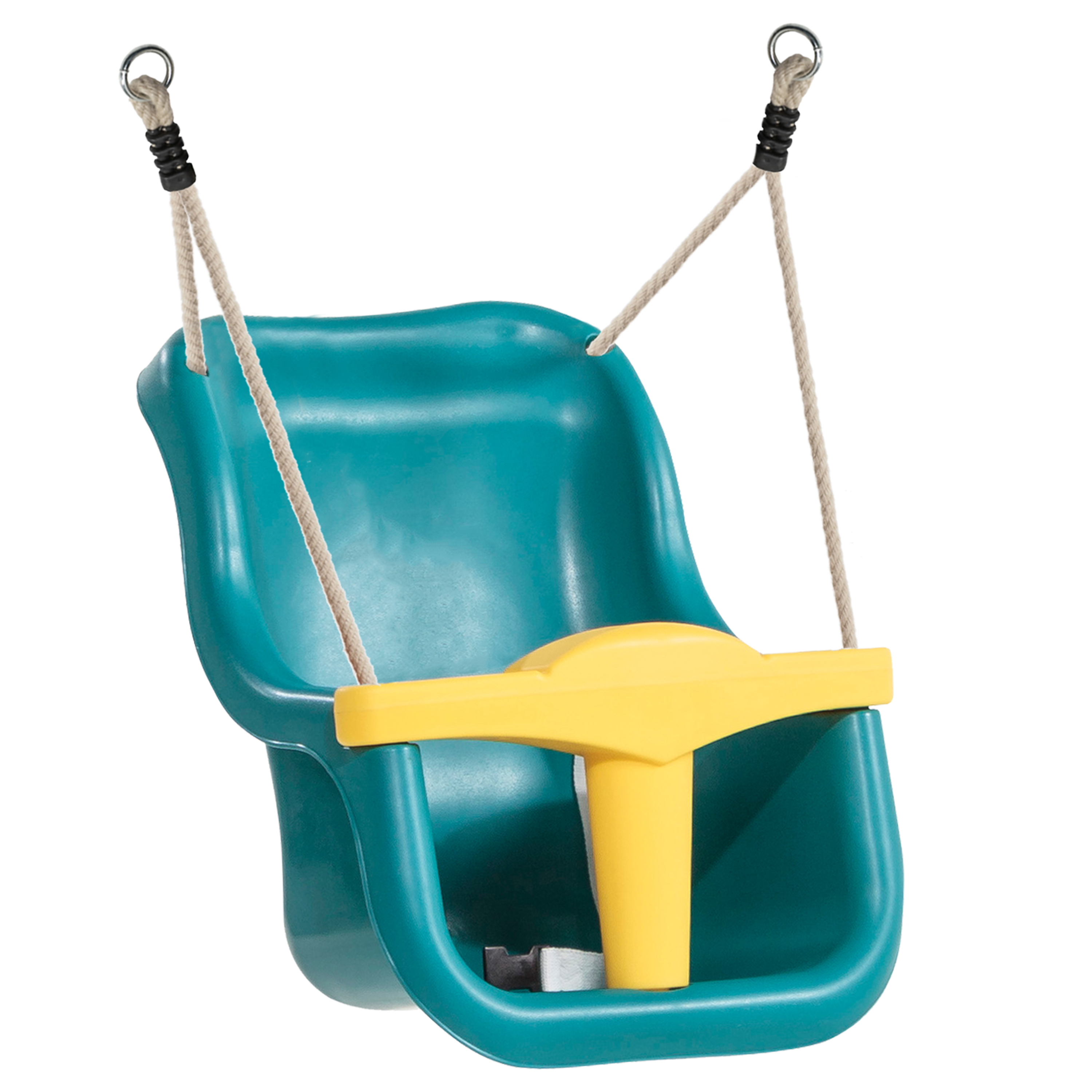 Eine teal- und gelbfarbene Babyschaukel hängt an Seilen. Sie hat einen Sitz und eine gelbe Stange.