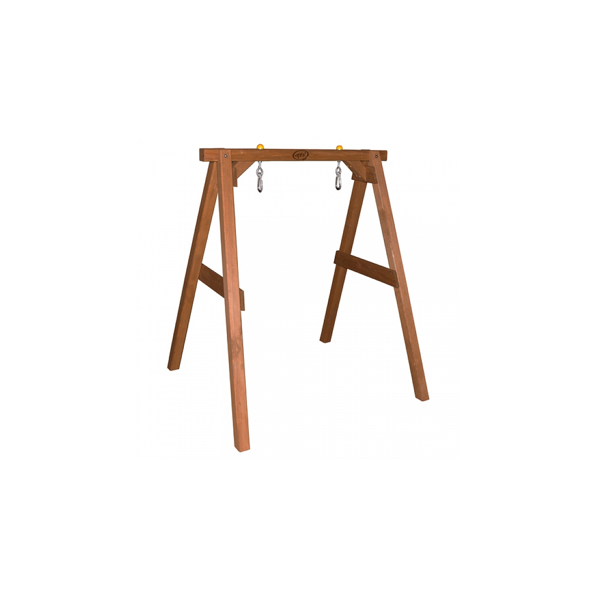 A-förmiger Holzschaukel-Set. Konstruktion aus braunem Holz mit Metallhaken für Schaukeln. Gelbe Kappen auf dem oberen Balken.