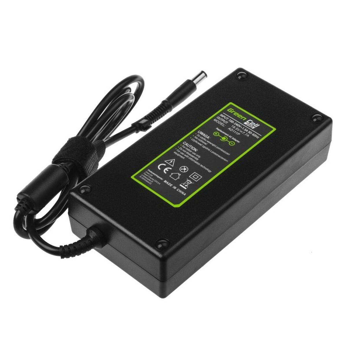 Adattatore di alimentazione nero per laptop con testo verde. Include cavo e connettore neri.