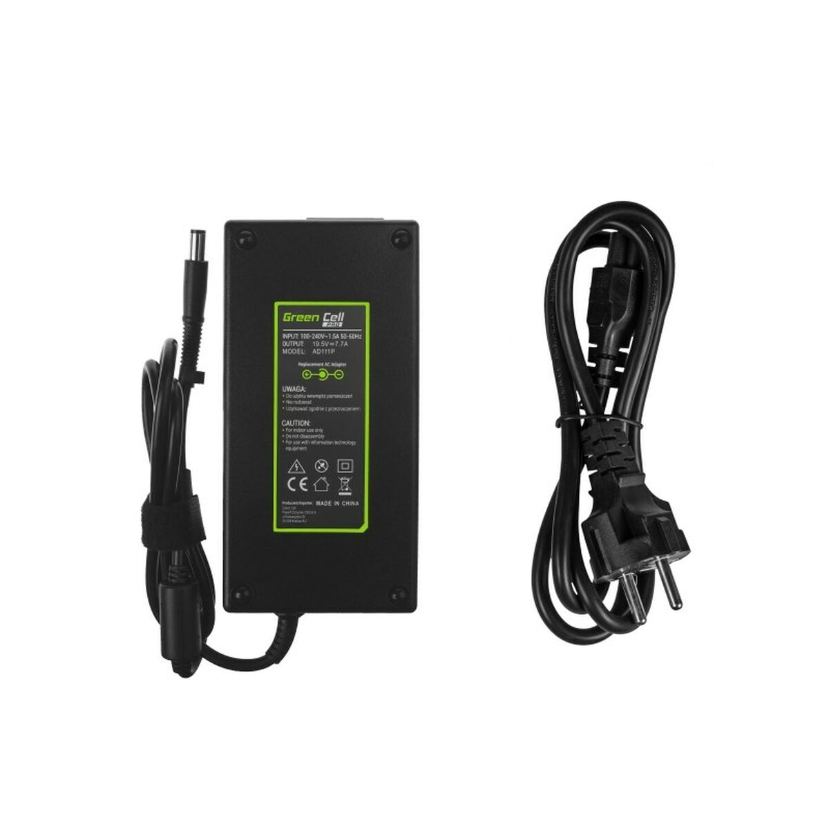 Adattatore di alimentazione per laptop nero con cavi, marca Green Cell, modello AD111P, spina nera.