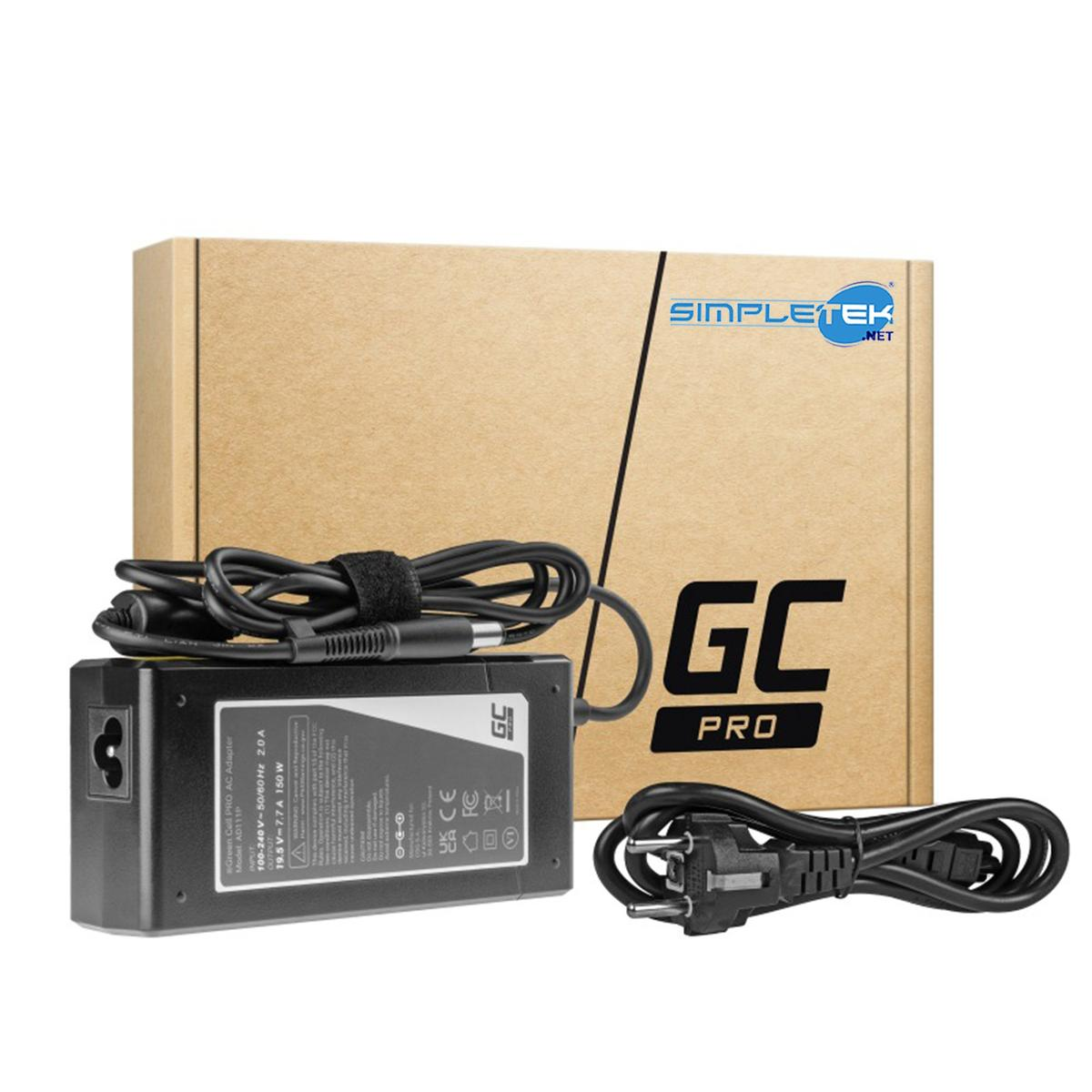 Un caricabatterie per laptop con adattatore e cavo neri, una scatola marrone sullo sfondo e il logo GC Pro.