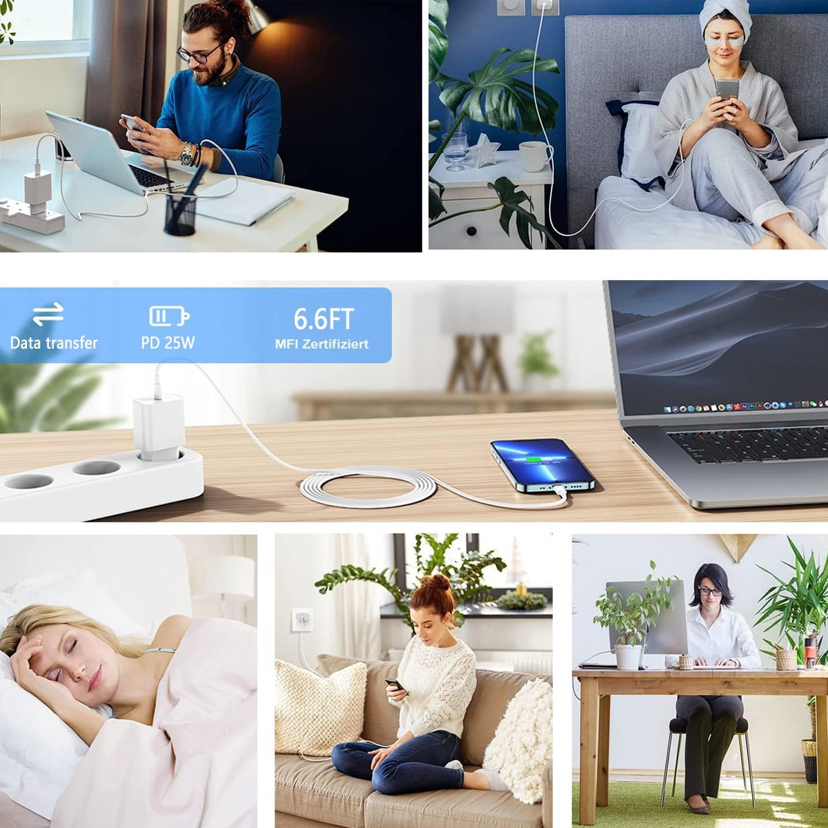 Eine Collage, die verschiedene Personen bei der Verwendung von Smartphones und Laptops, beim Aufladen von Geräten und beim Entspannen zu Hause zeigt.