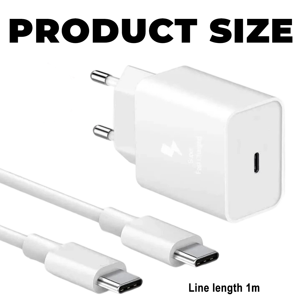 Ein weißes Ladegerät mit Kabel und den Worten 'PRODUCT SIZE' darüber. Die Leitungslänge beträgt 1m.