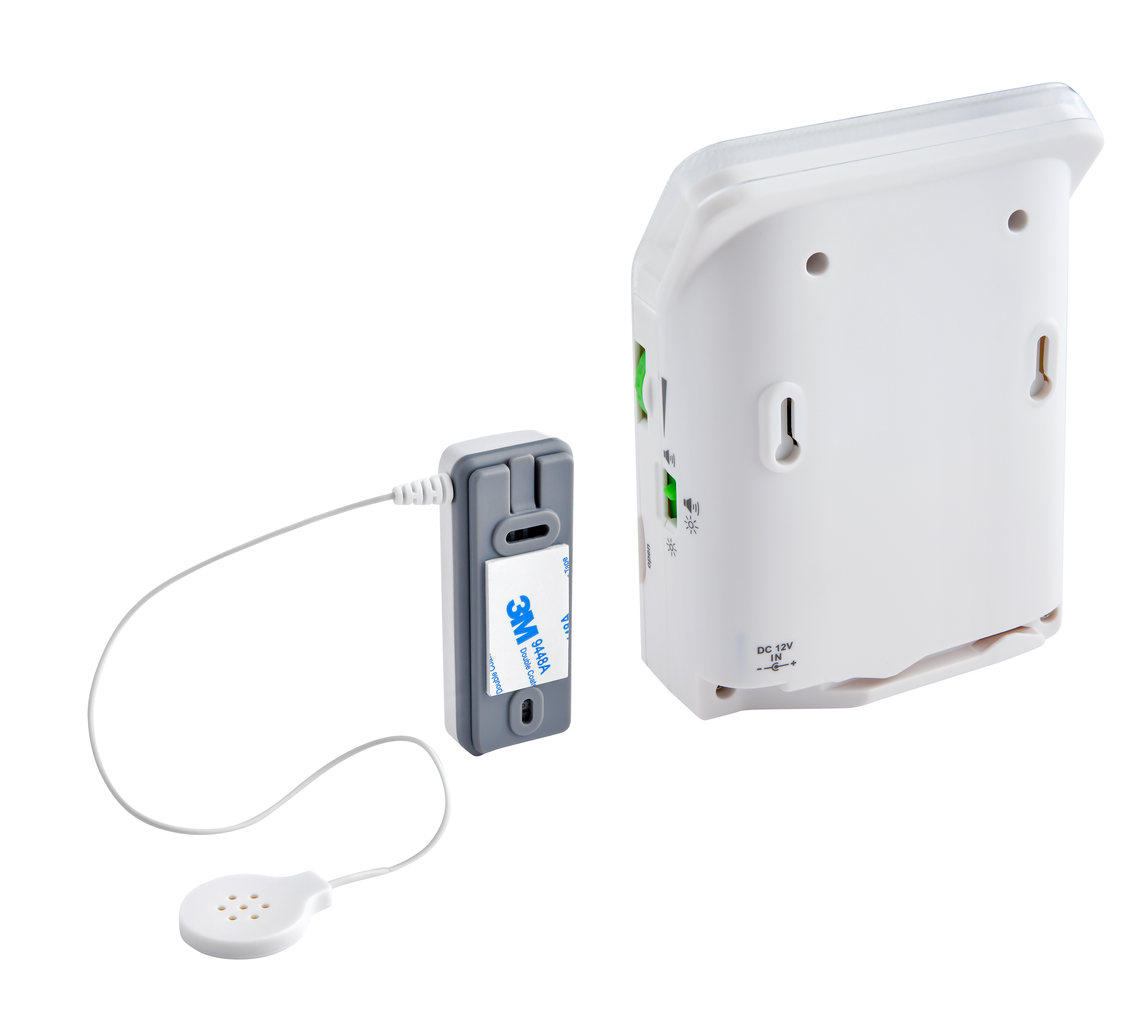 Weißes Gerät mit angeschlossenem Sensor. Es hat eine weiße Basis und einen grauen Sensor mit weißem Kabel.