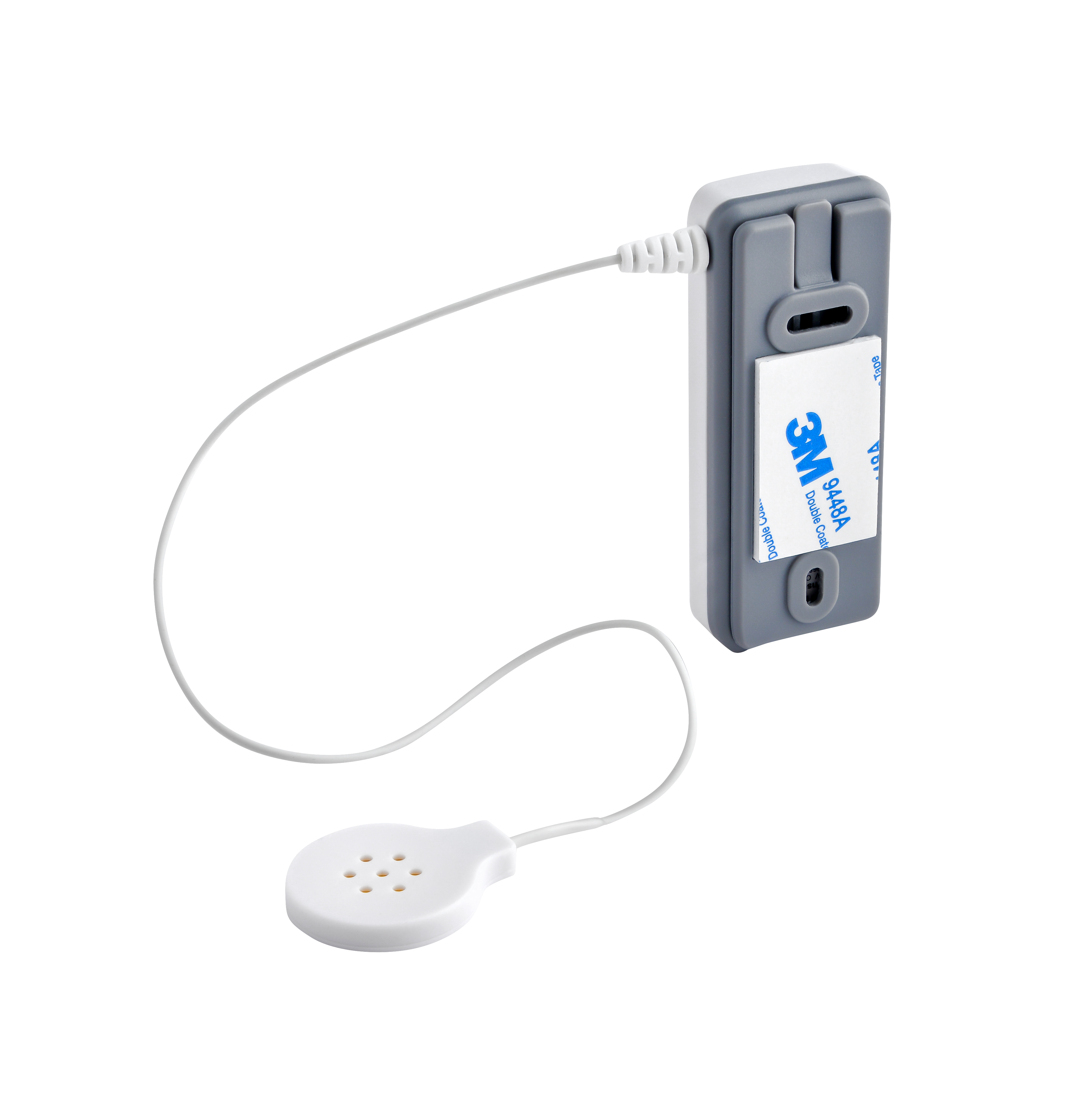 Medizinprodukt, weiß und grau, mit rundem Ende, durch weißes Kabel verbunden, vor weißem Hintergrund.