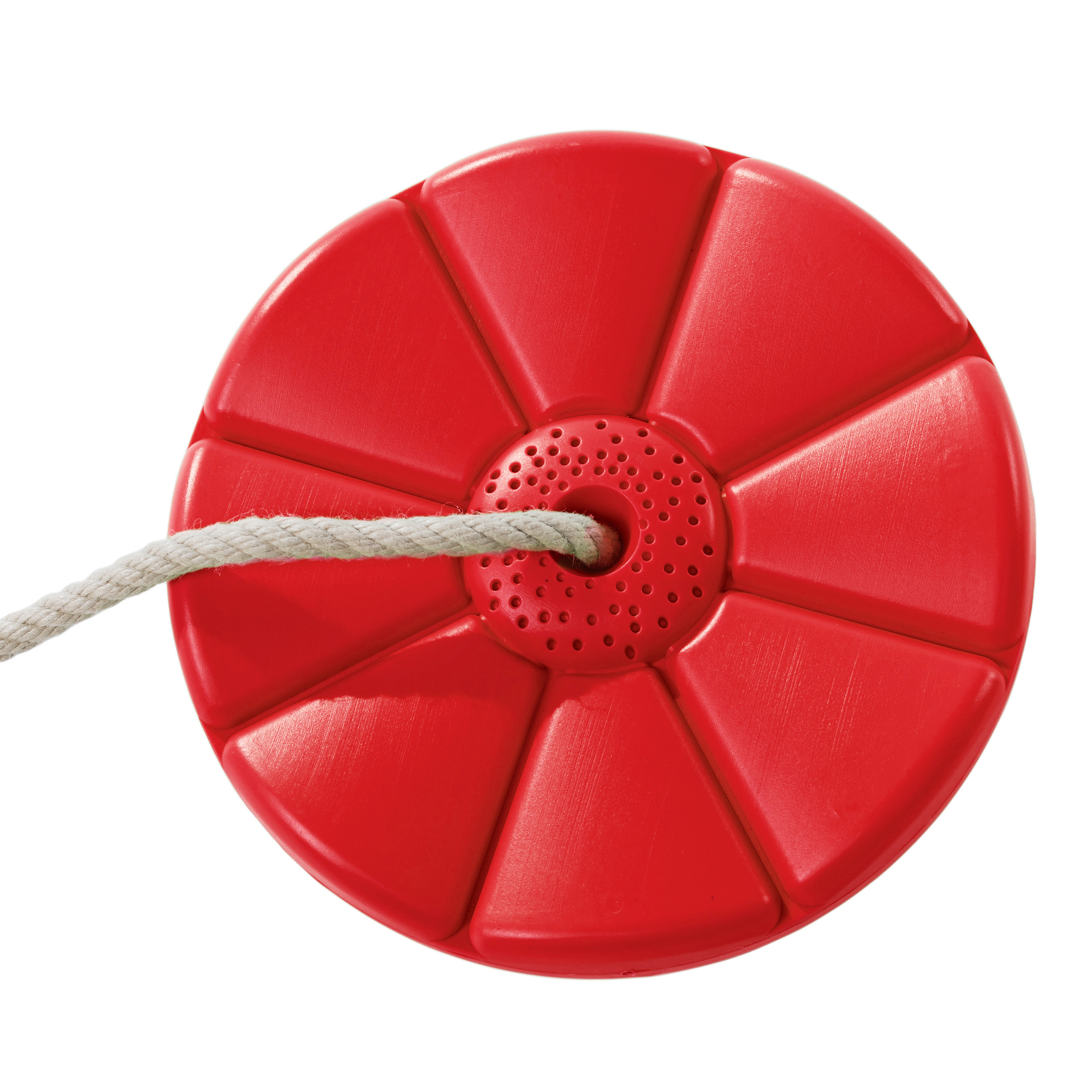 Un seggiolino rosso in plastica con una corda bianca su sfondo bianco. Il sedile è rotondo, con un foro al centro.